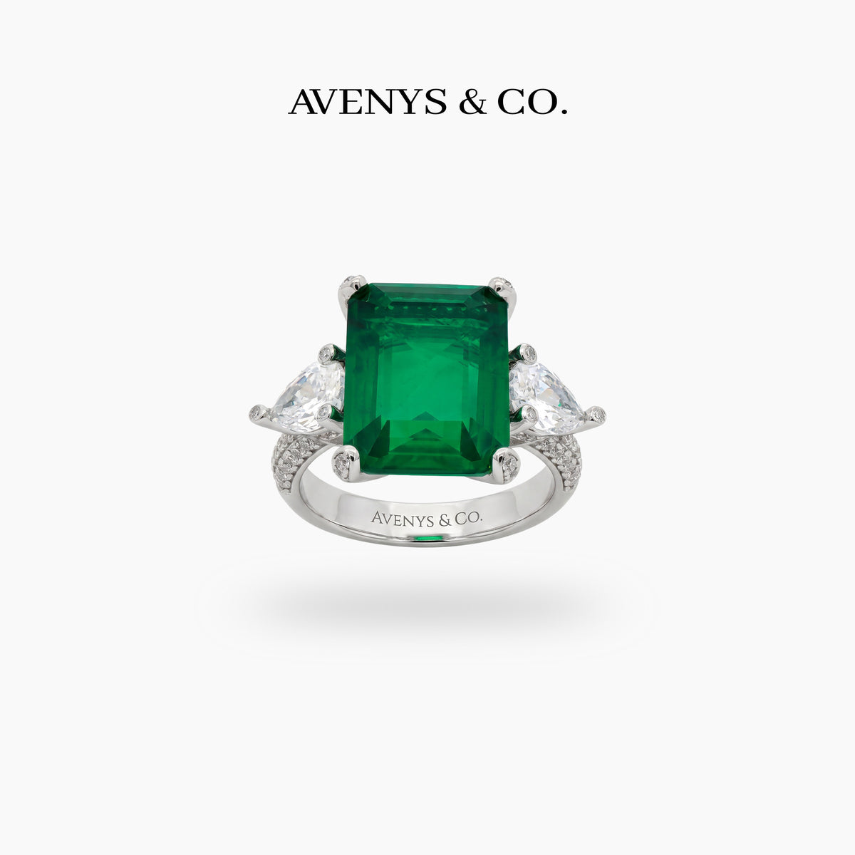 Emerald Pear Trilogy Ring with Green Emerald Stone – on White Gold