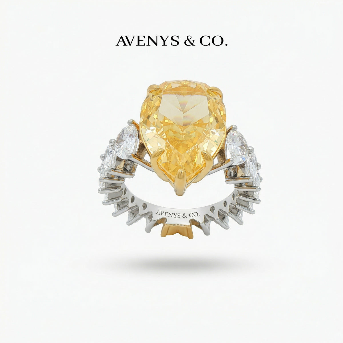 Queens Pear Pave Solitaire with Yellow Pear Stone – on White Gold