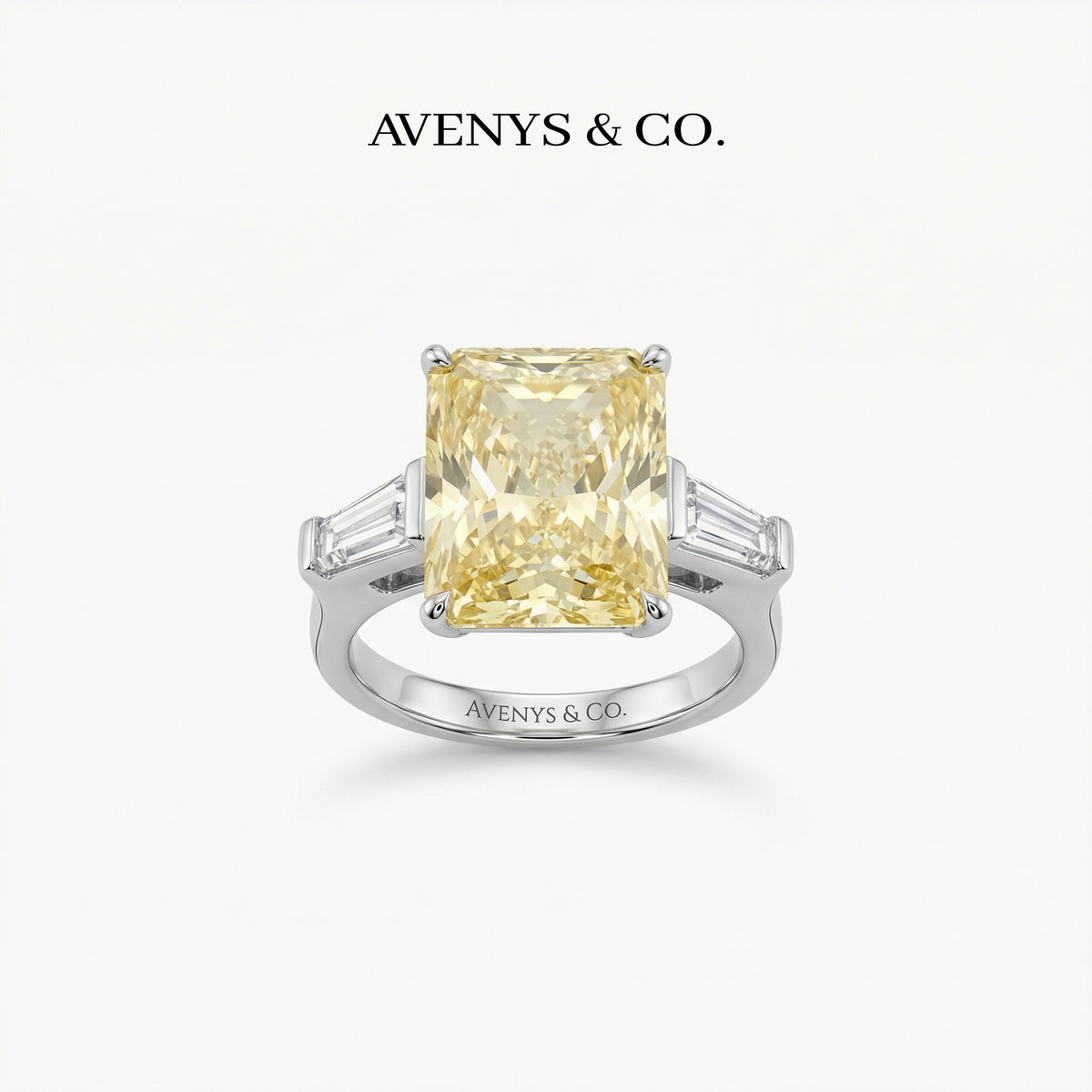 Radiant Trilogy Ring with Yellow Radiant Stone – on White Gold
