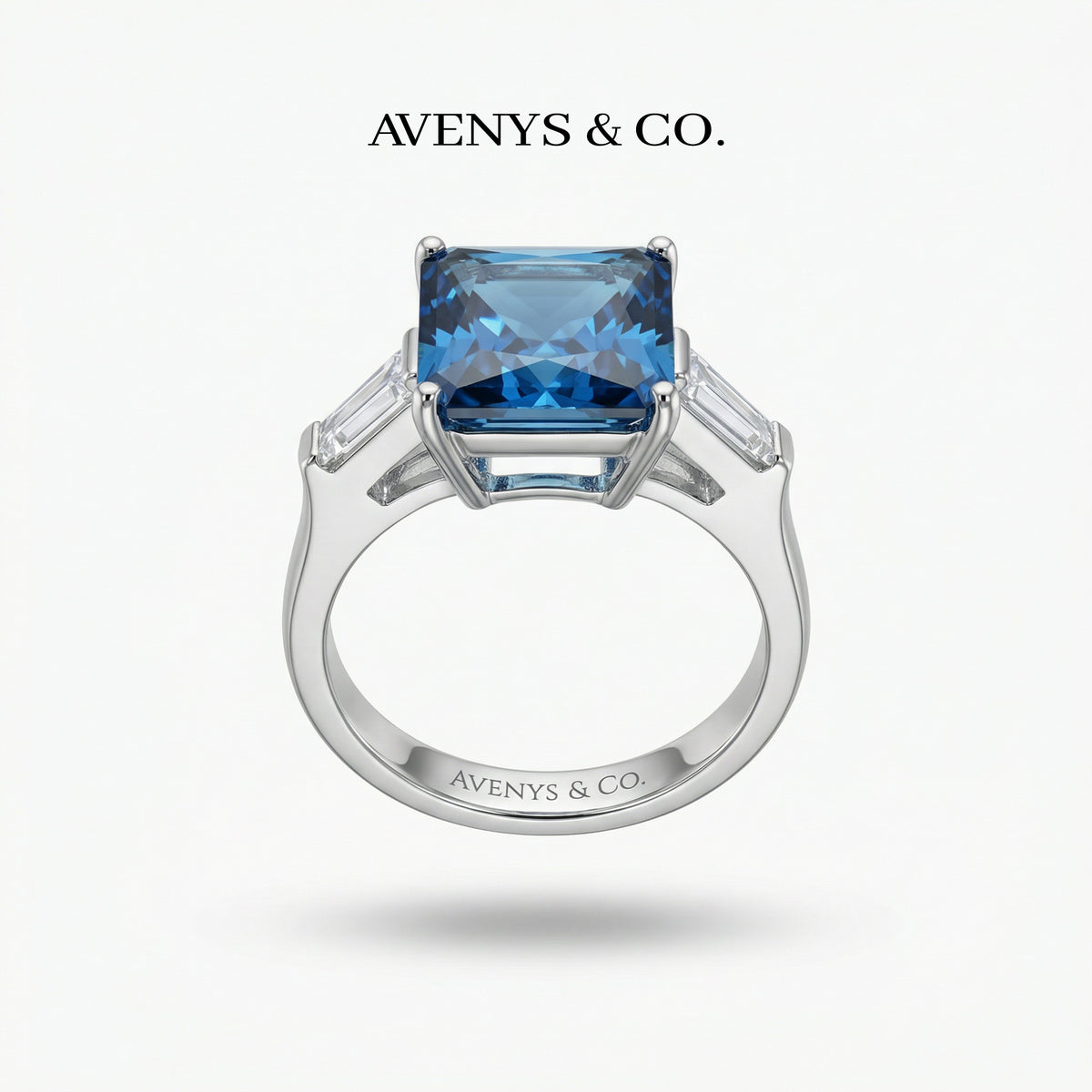 Radiant Trilogy Ring with Blue Radiant Stone – on White Gold