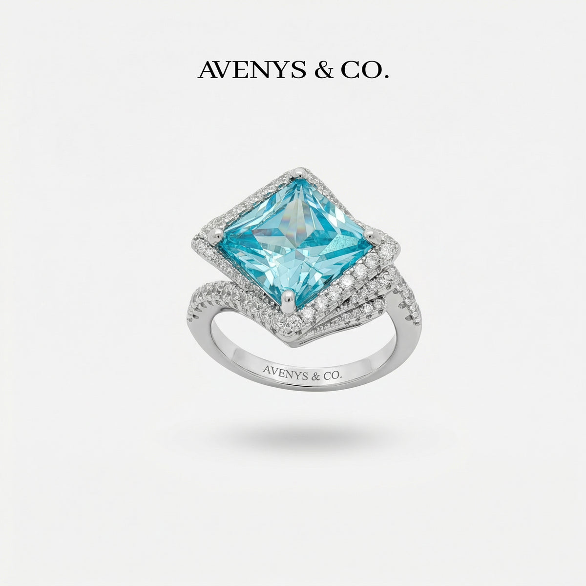 Side Radiant Ring with Aquamarine Radiant Stone – on White Gold