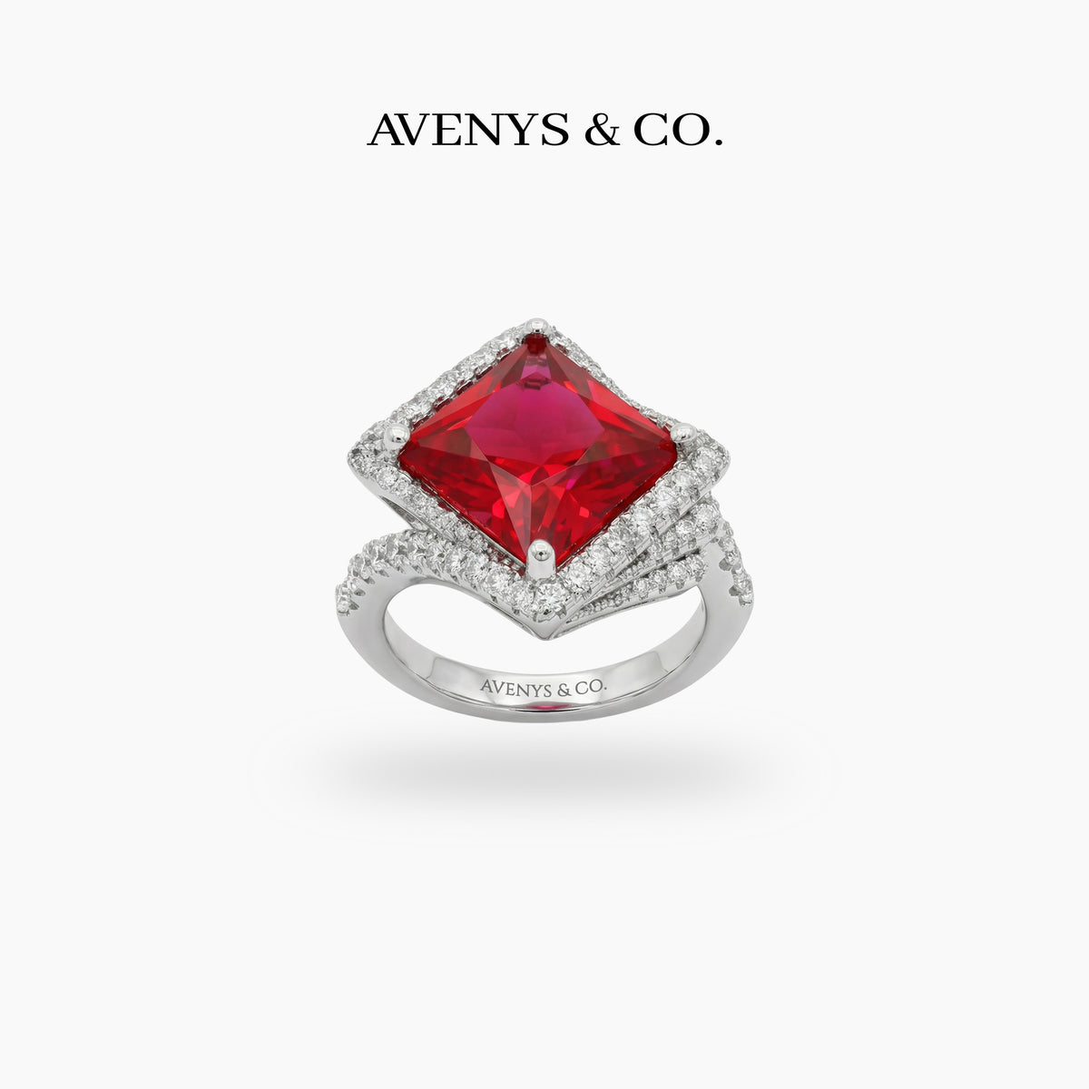 Side Radiant Ring with Red Radiant Stone – on White Gold
