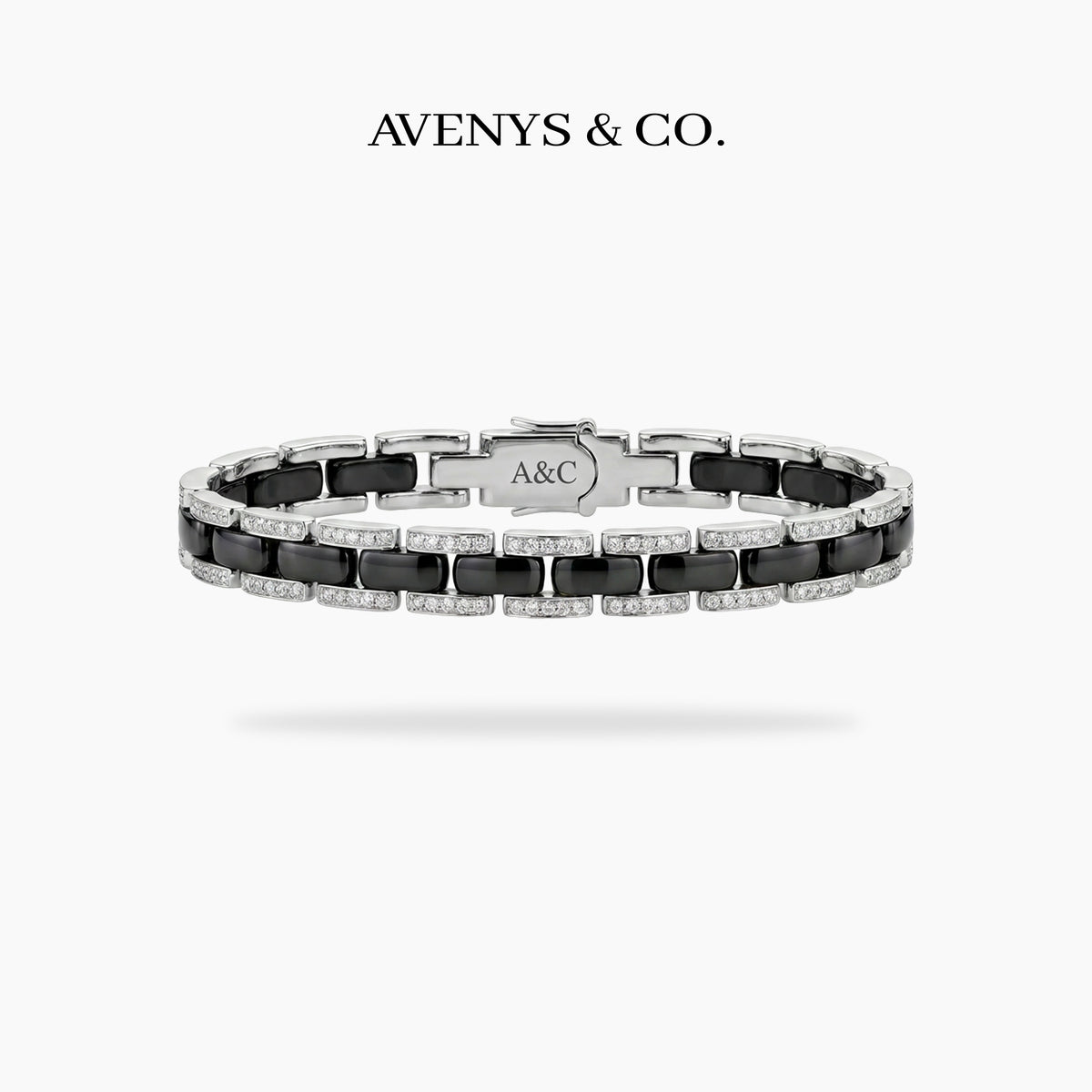 Connected Bracelet with Black Round Stone – on White Gold