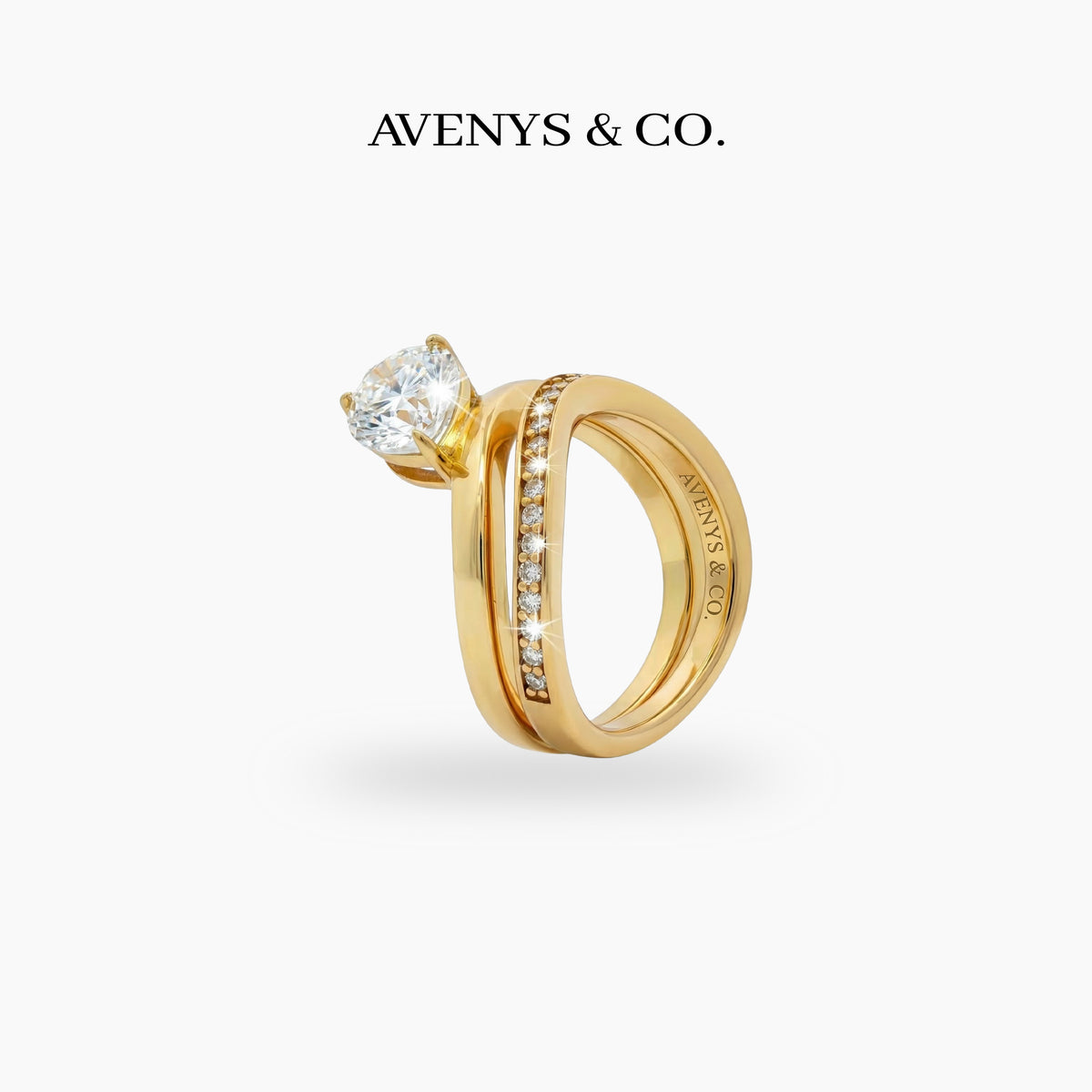 Wave Pave Double Ring with White Pear Stone – on Yellow Gold