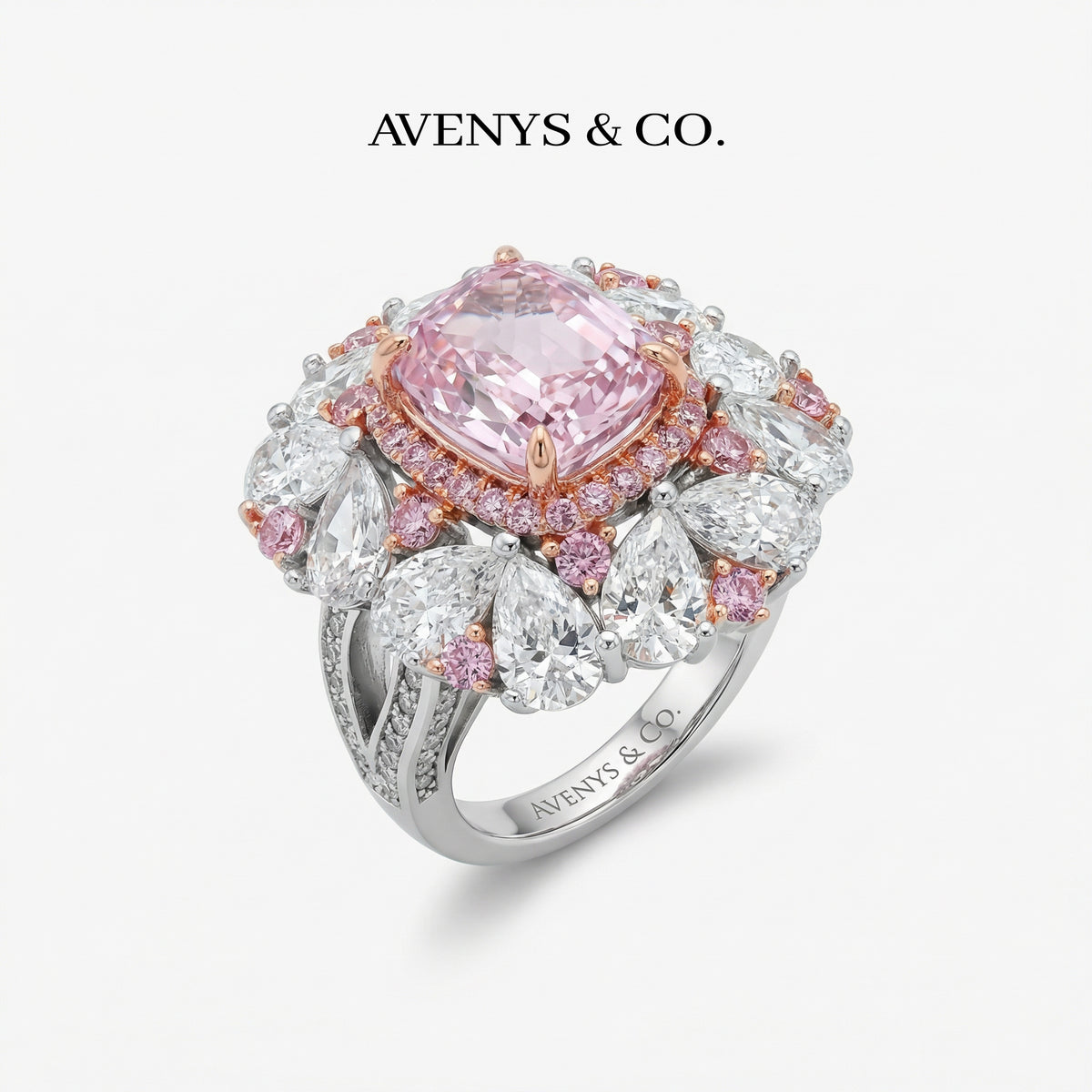 Royal Flower Halo Ring with Pink Cushion Stone – on White Gold