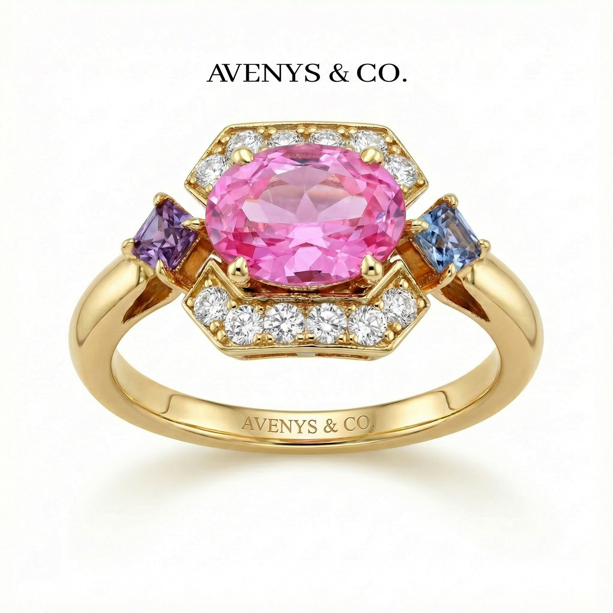 Octavia Halo Ring with Pink Oval Stone – on Yellow Gold