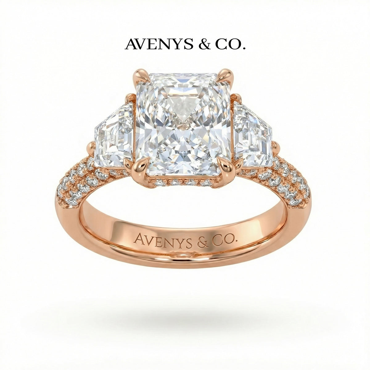 Trilogy Pave Ring with White Emerald Stone – on Rose Gold