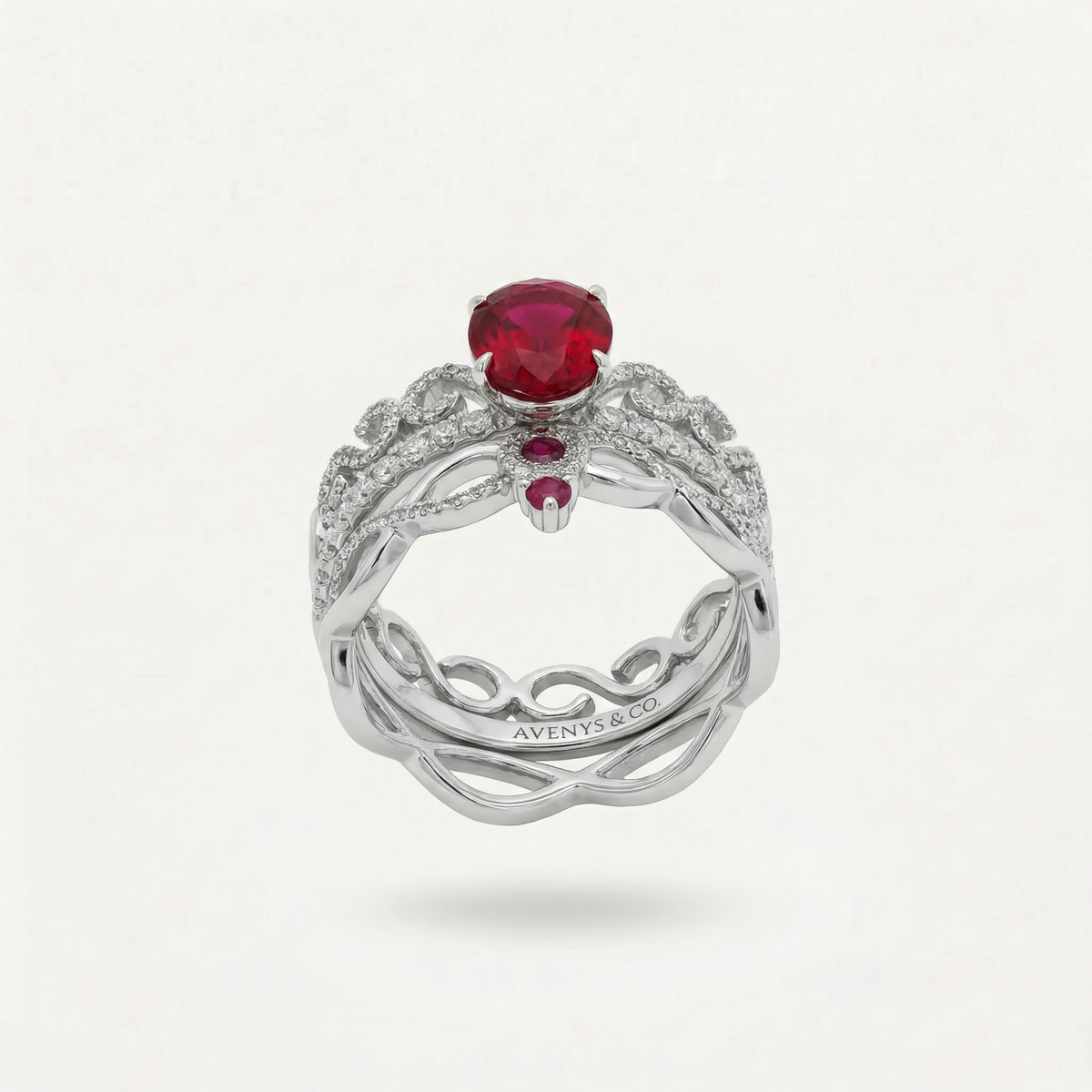Triple Stacking Ring with Avenys Prestige Created Square Oval Pigeon Blood Ruby – on White Gold