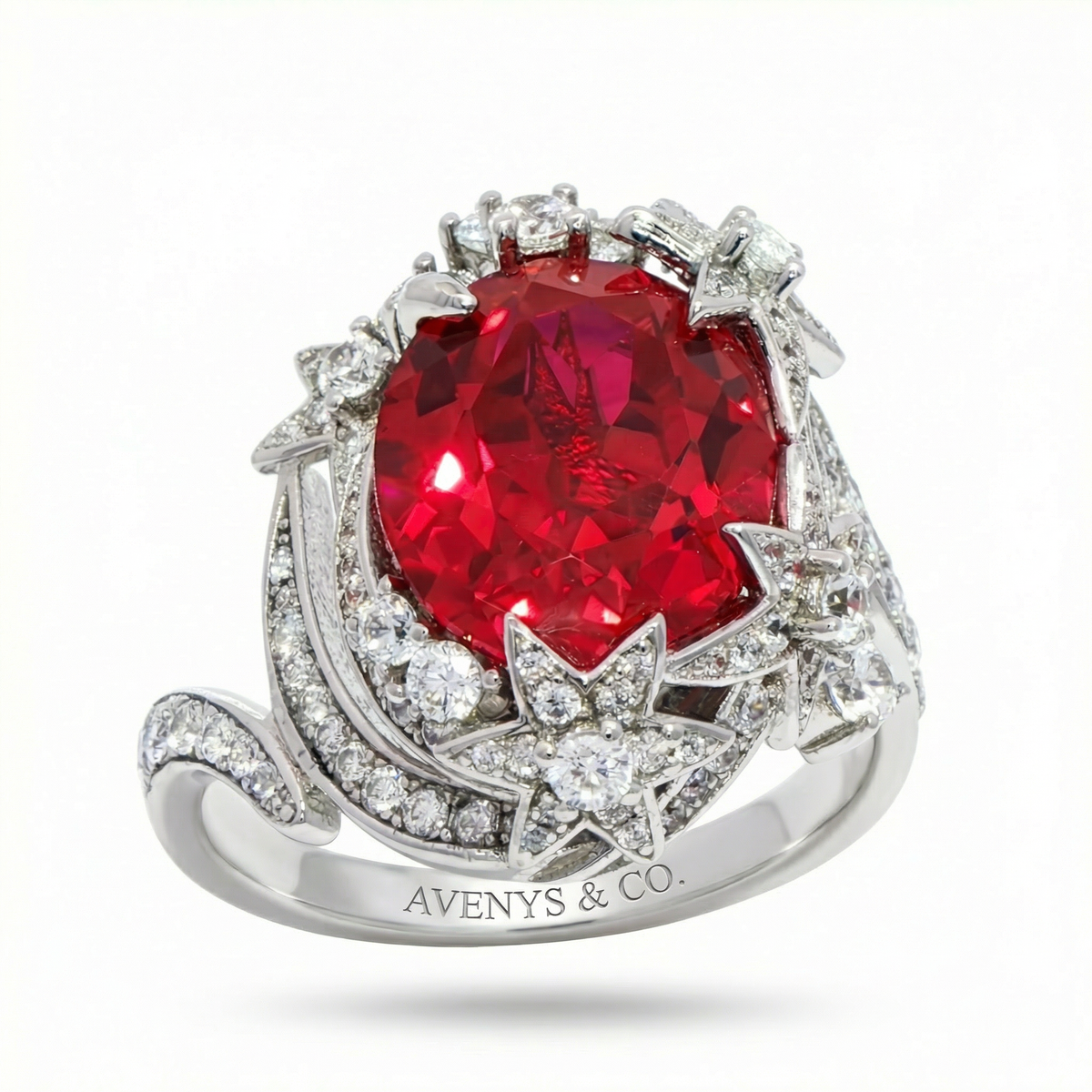 Starfall Pave Ring with Avenys Signature™ Oval Pigeon Blood Ruby – on White Gold