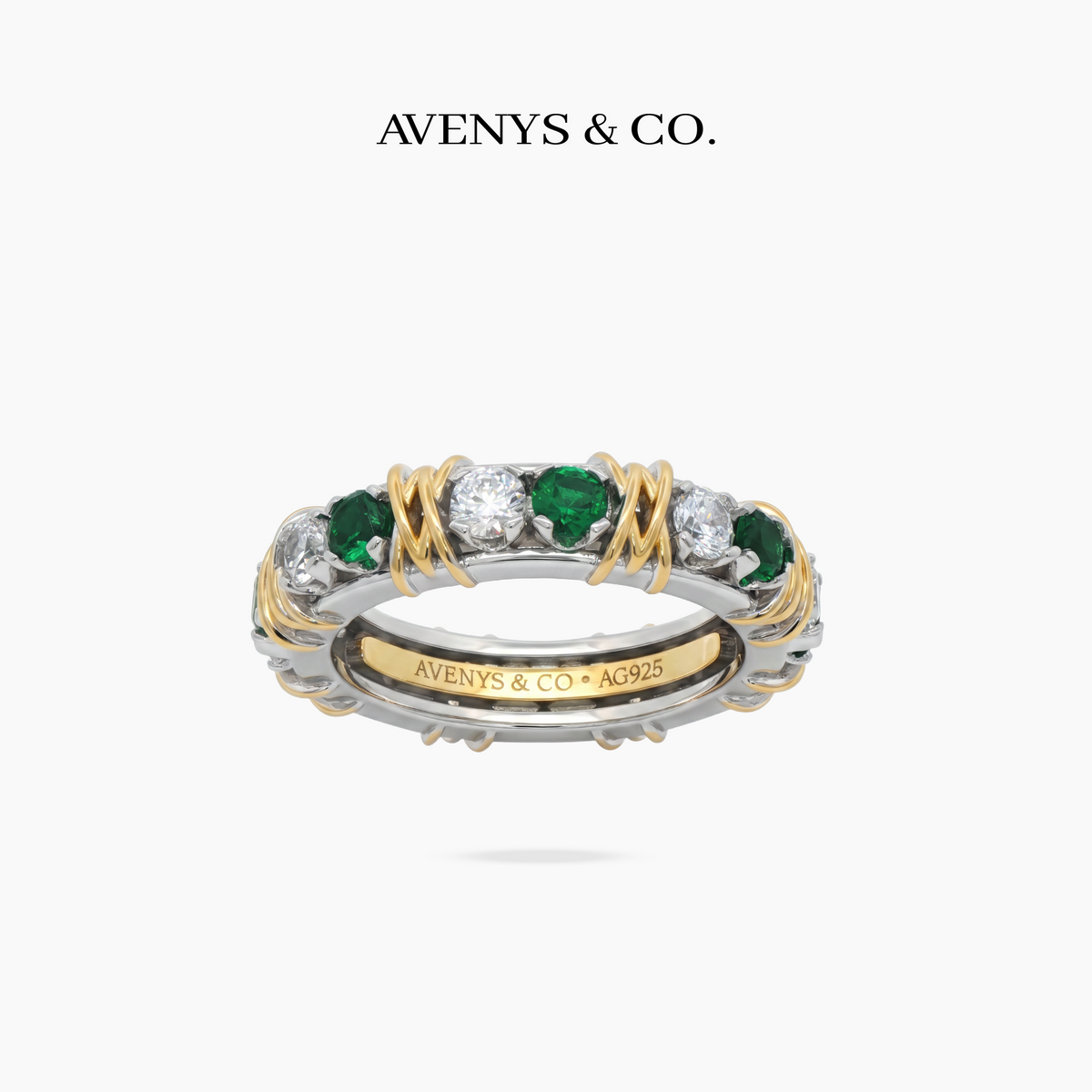 AV Signature Ring Womens with Green Round Stone – on White Gold