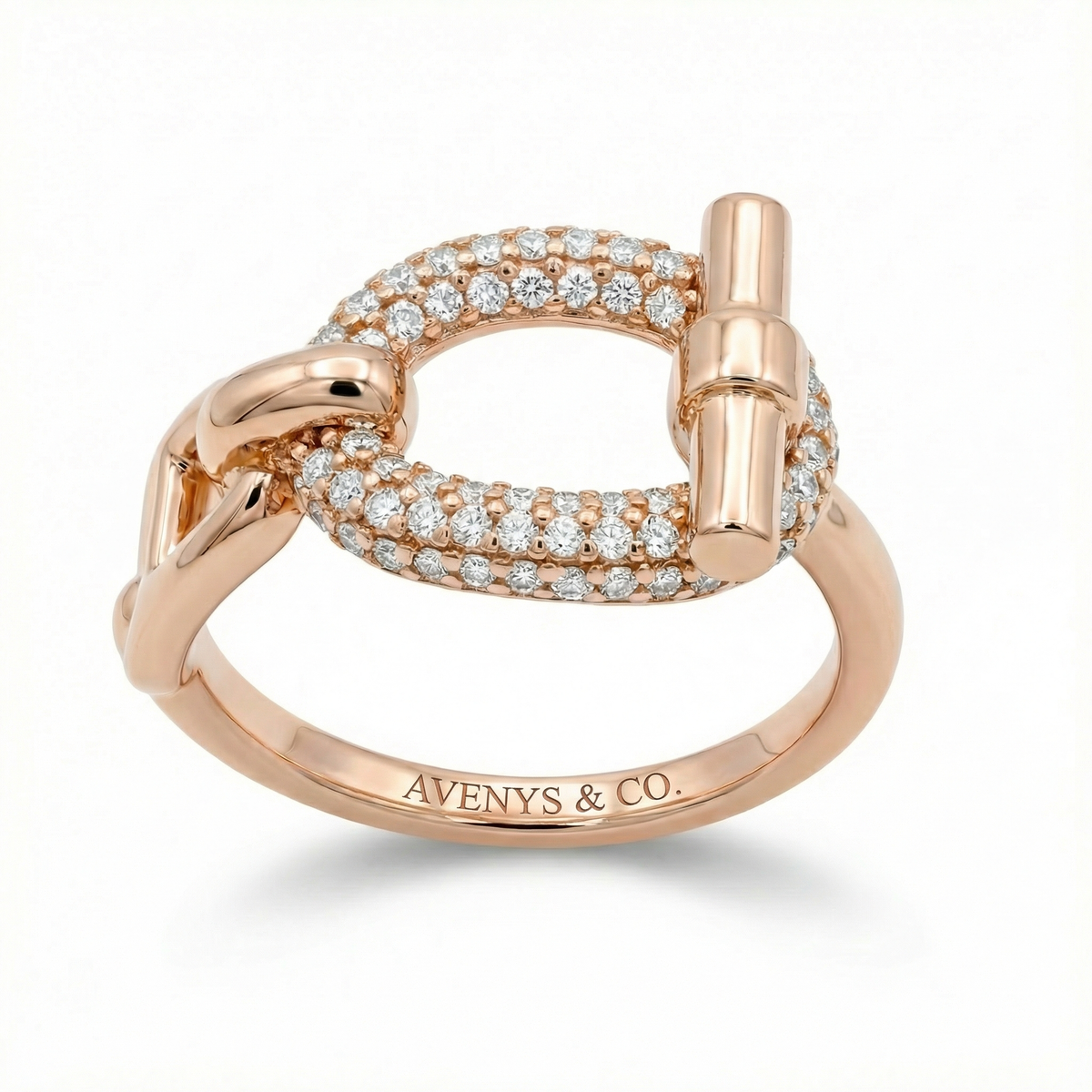 Buckle Pave Ring with White Round Stone – on Yellow Gold