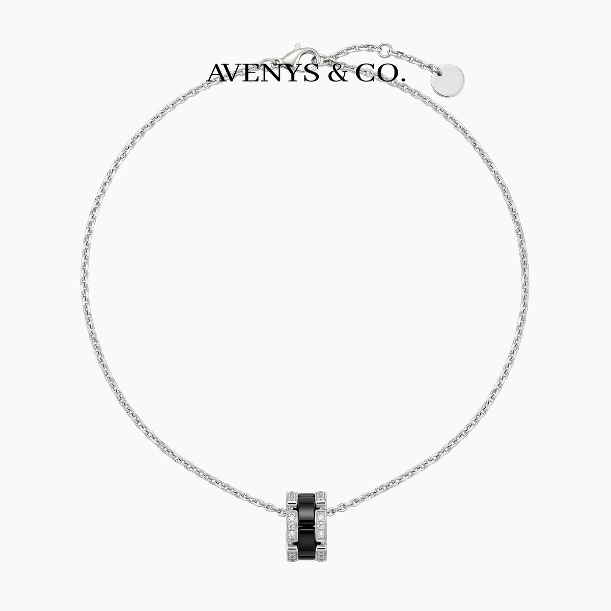 Connected Necklace with Black Round Stone – on White Gold