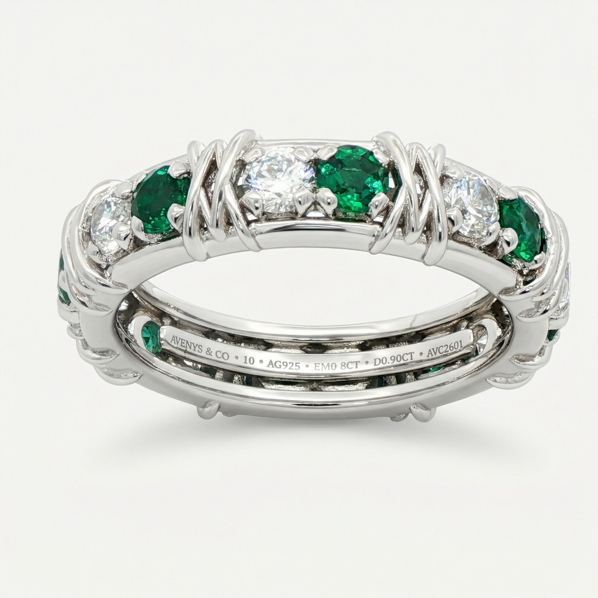 AV Signature Ring Mens with Green Round Stone – on White Gold