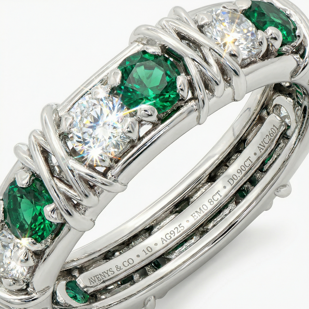AV Signature Ring Mens with Green Round Stone – on White Gold