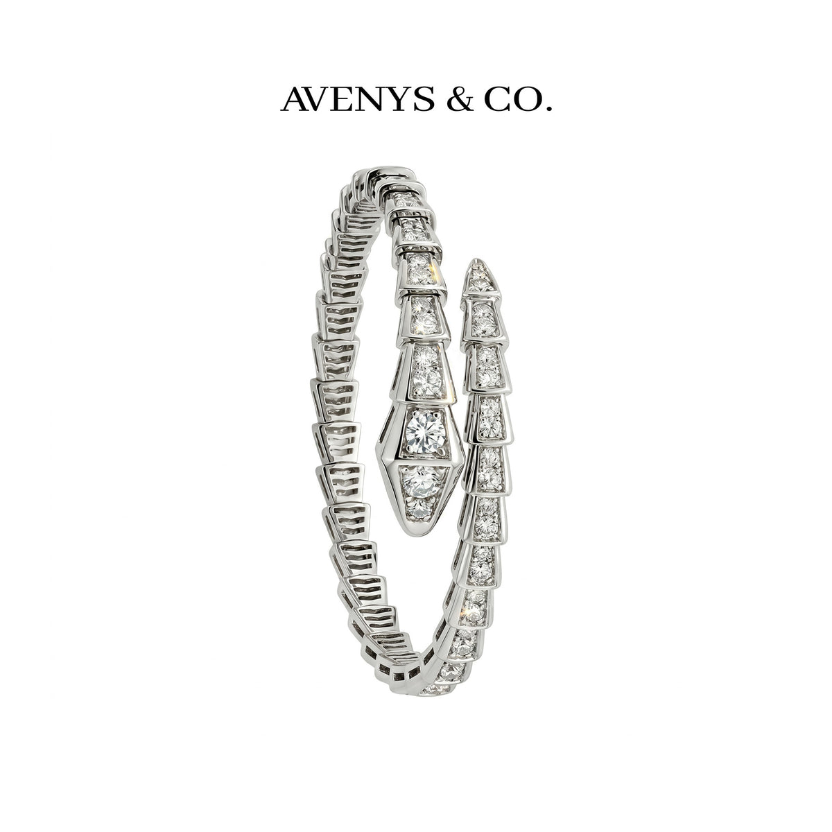 Coil Full Pave Bangle with White Round Stone – on White Gold