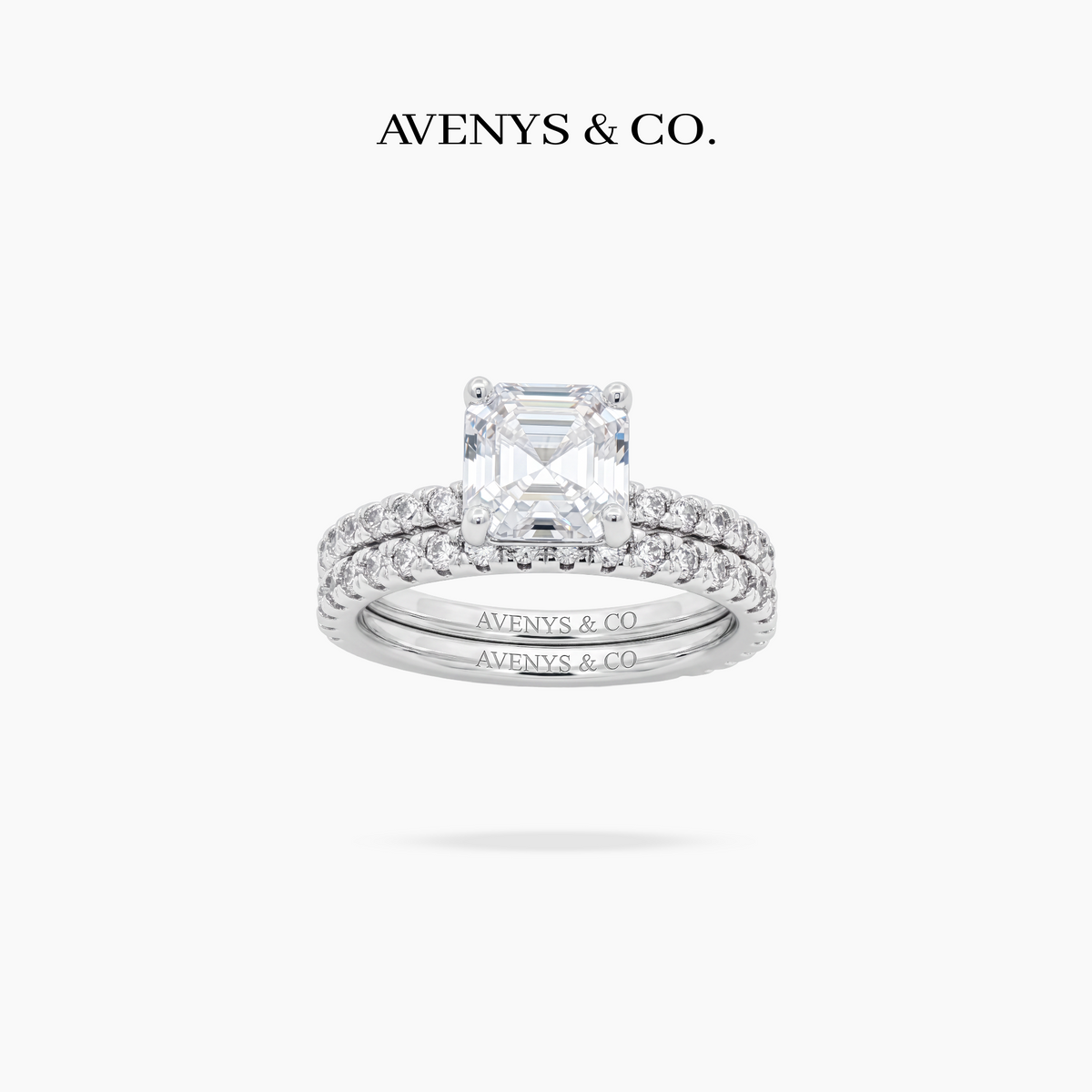 AV Dua™ Asscher Ring Set with White Asscher Stone – on White Gold