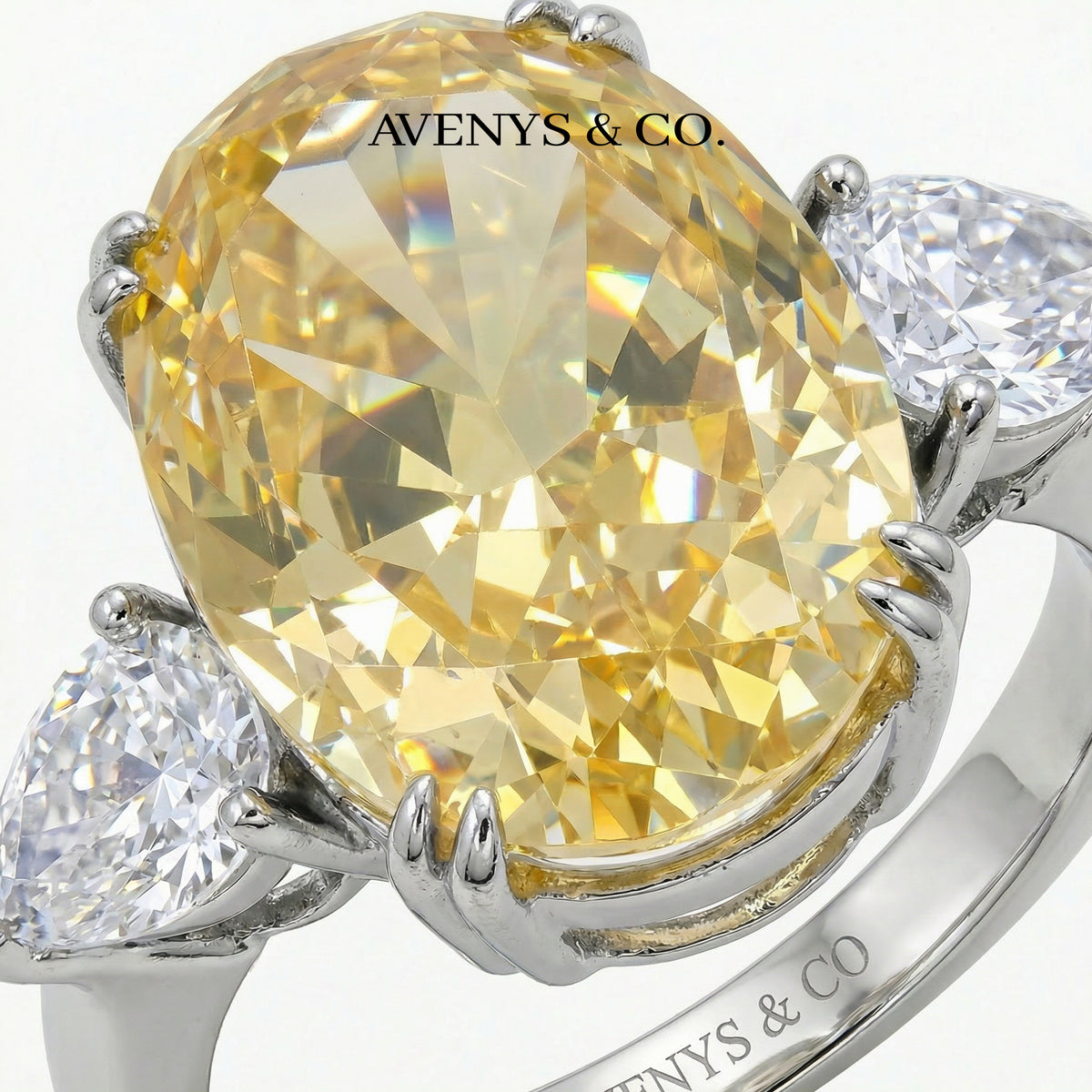 Queens Oval Ring with Yellow Oval Stone – on White Gold