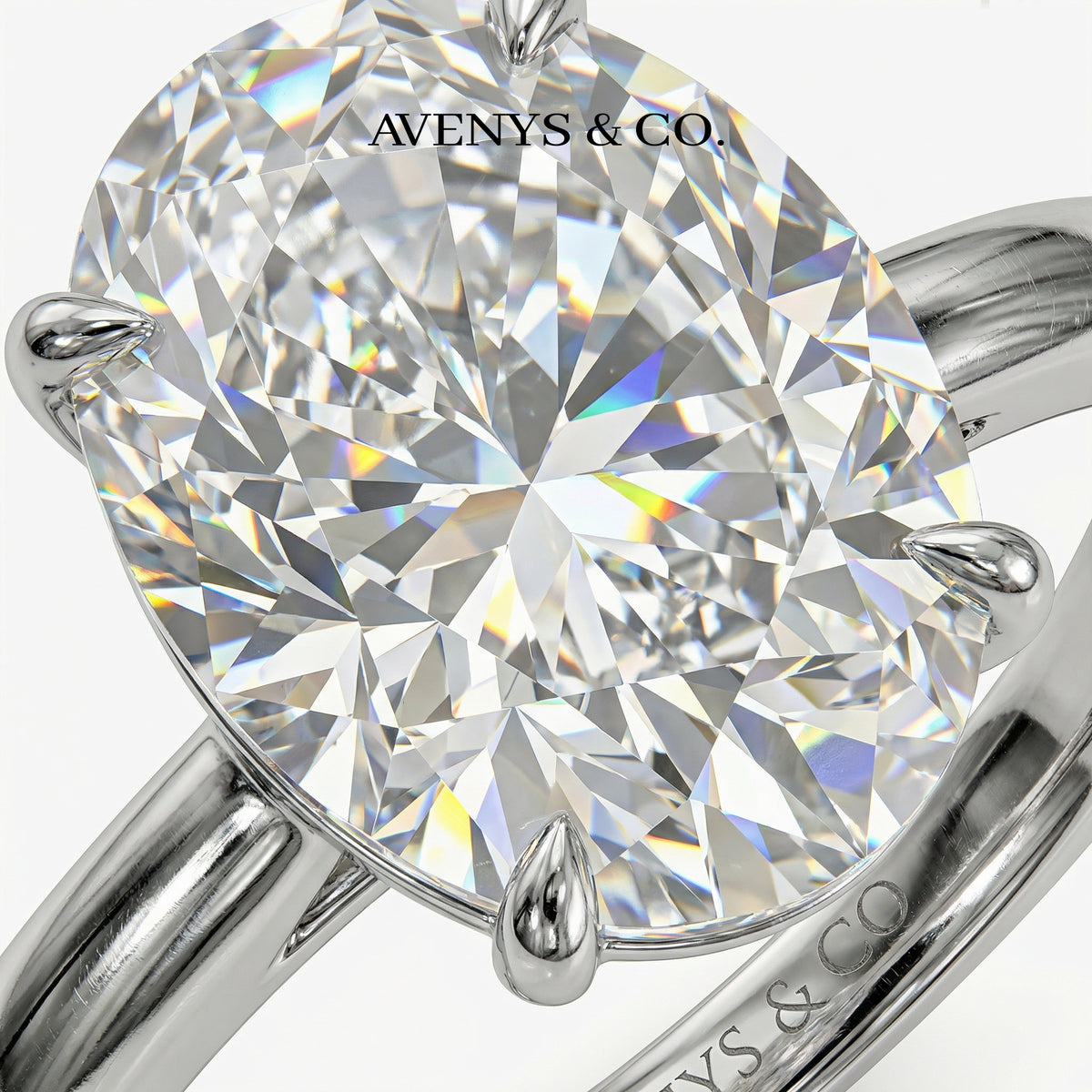 Oval Solitaire Ring with White Oval Stone – on White Gold