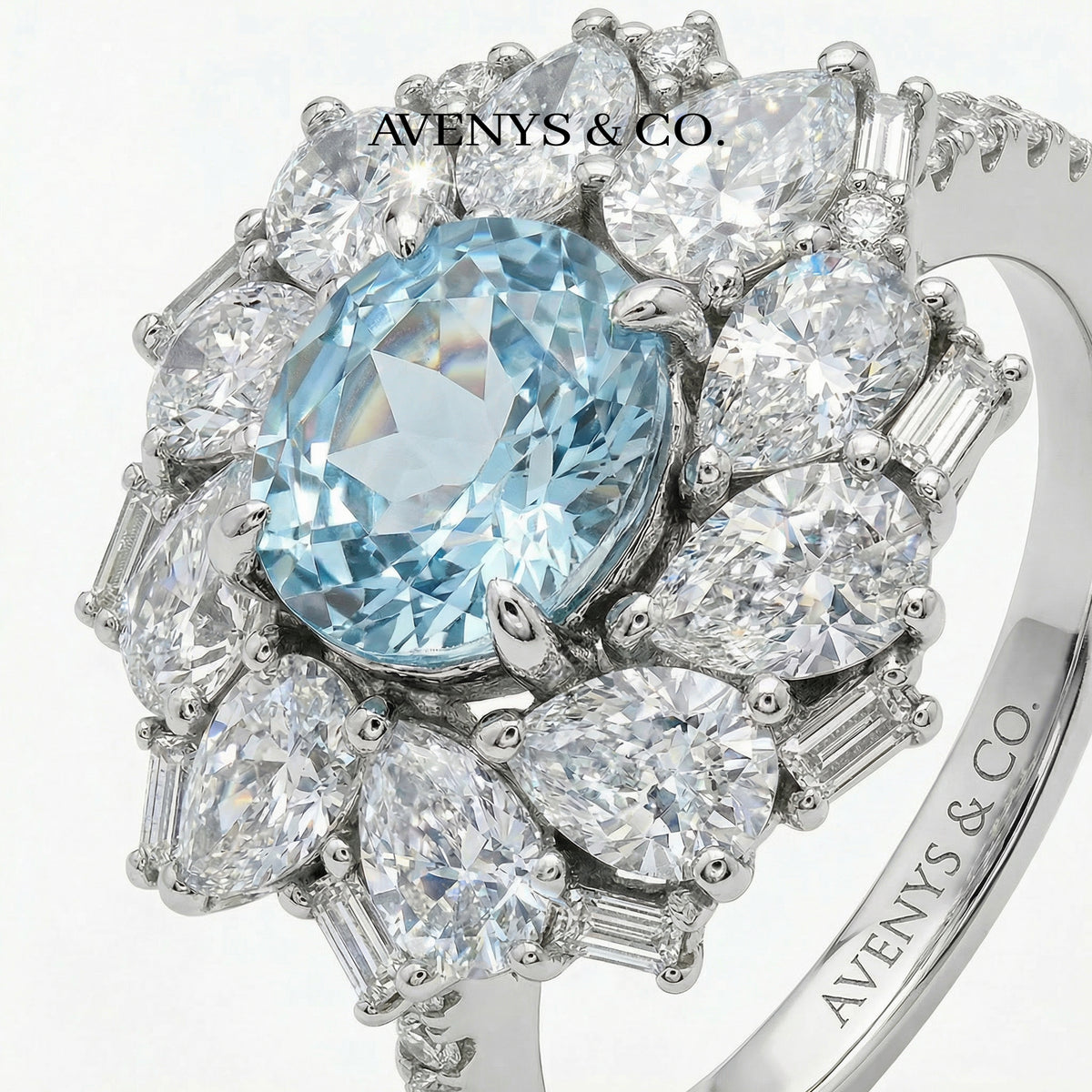 Bloom Halo Ring with Blue Oval Stone – on White Gold