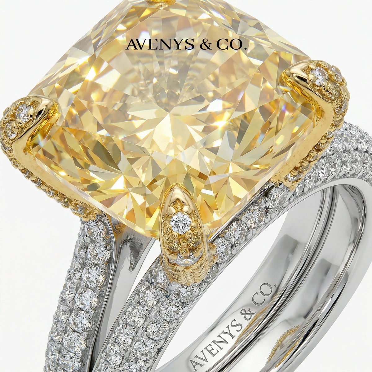 Double Shank Cocktail Ring with Yellow Cushion Stone – on White Gold