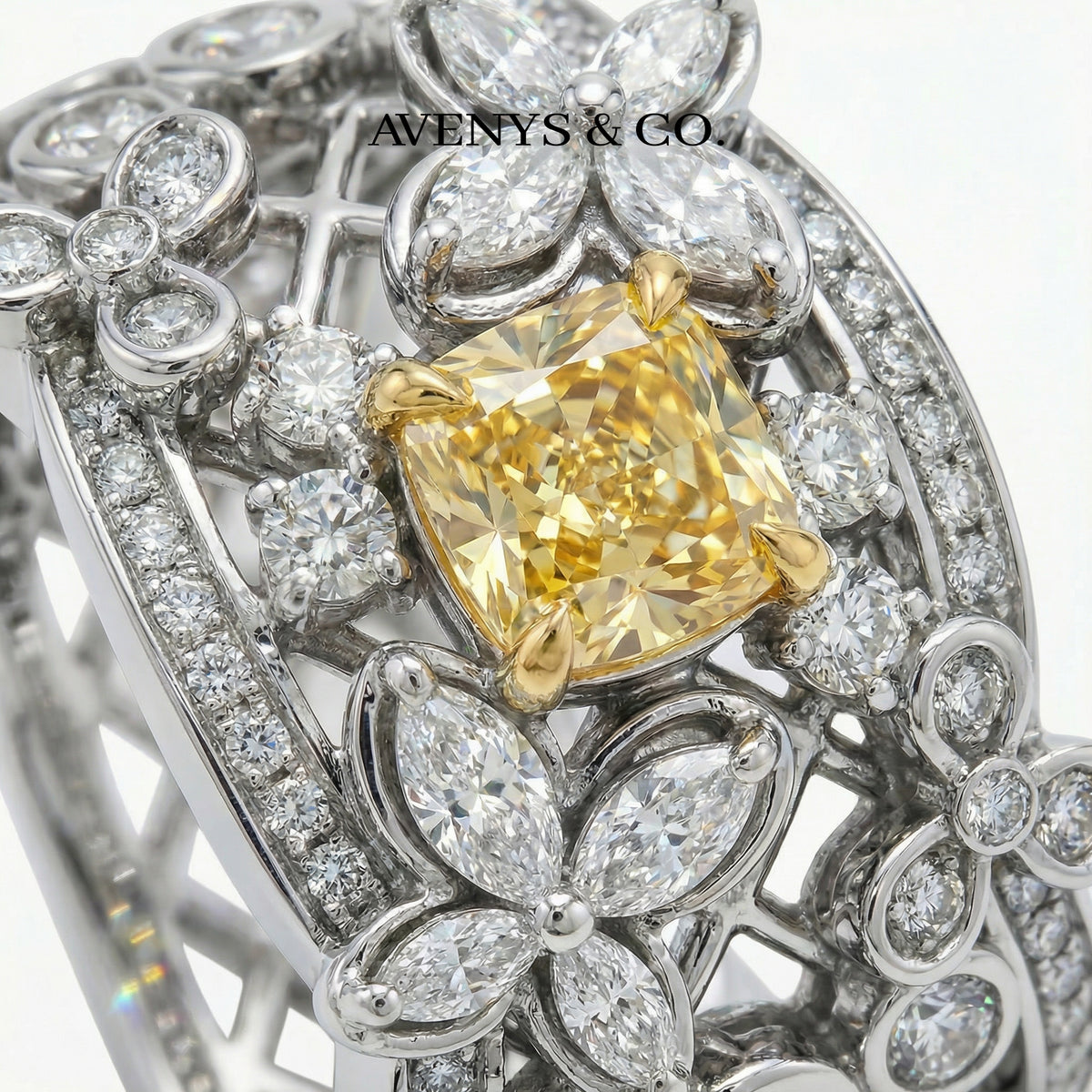 Summer Floral Ring with Yellow Cushion Stone – on White Gold