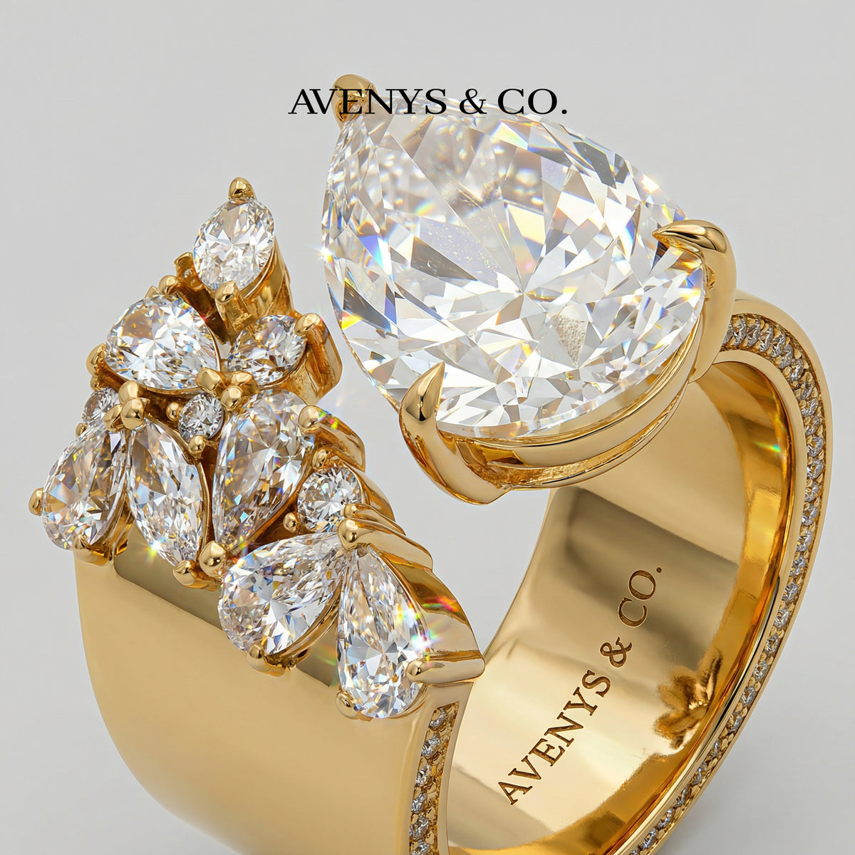 Valence Wide Cuff Ring with White Pear Stone – on Yellow Gold