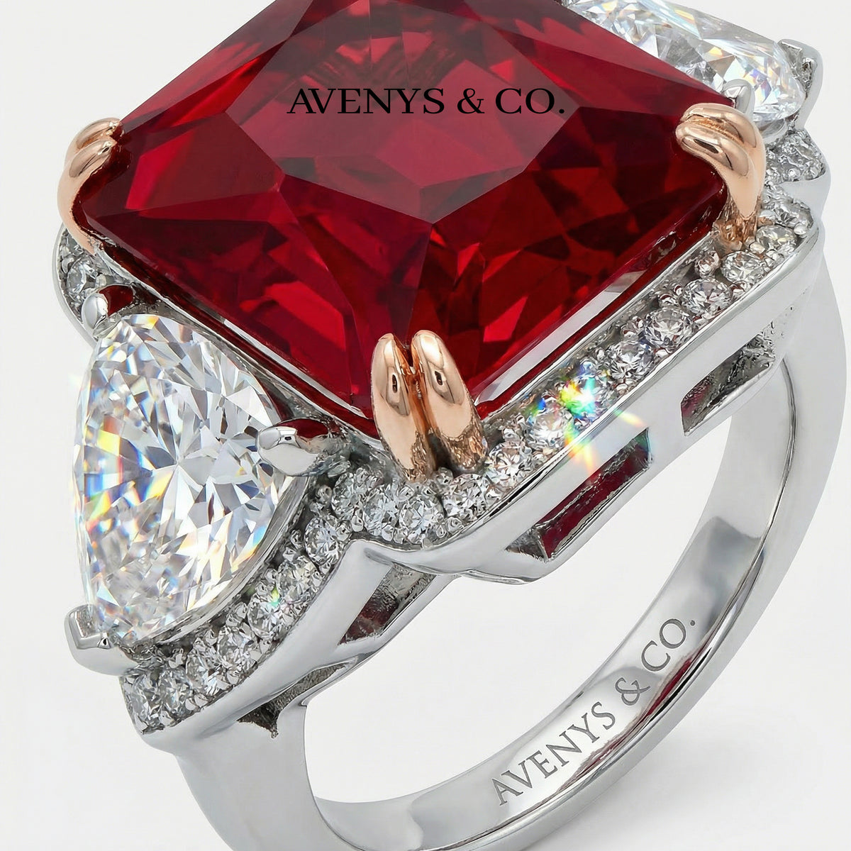 Queens Radiant Ring with Red Radiant Stone – on White Gold