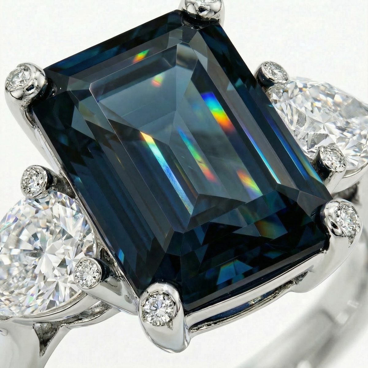 Emerald Pear Trilogy Ring with Blue Emerald Stone – on White Gold