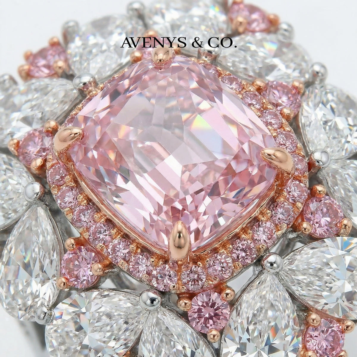 Royal Flower Halo Ring with Pink Cushion Stone – on White Gold