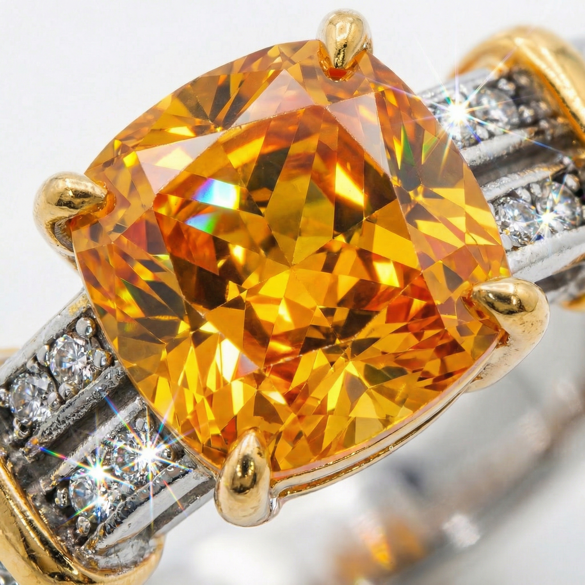 Double Bar Ring with Yellow Cushion Stone – on White Gold