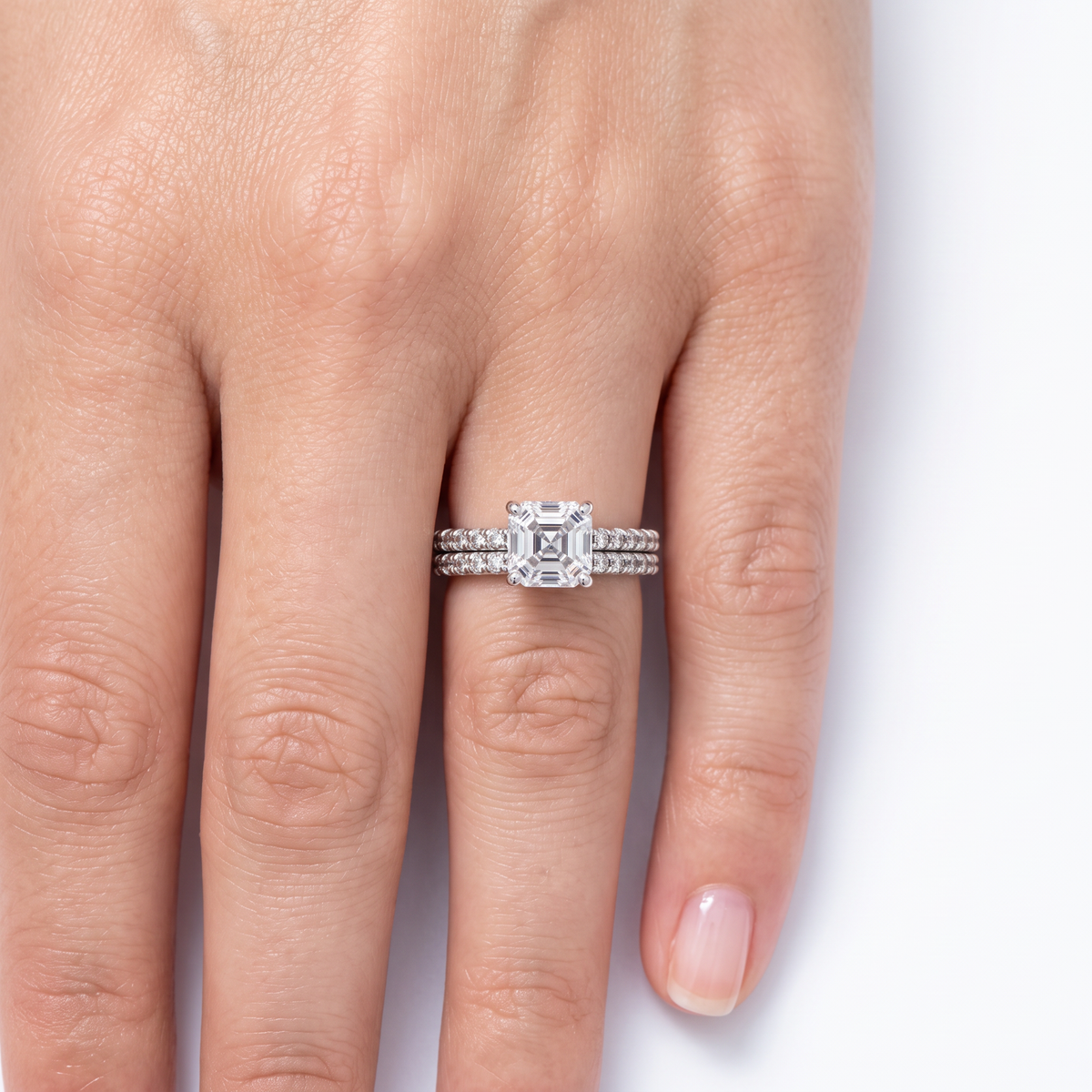 AV Dua™ Asscher Ring Set with White Asscher Stone – on White Gold