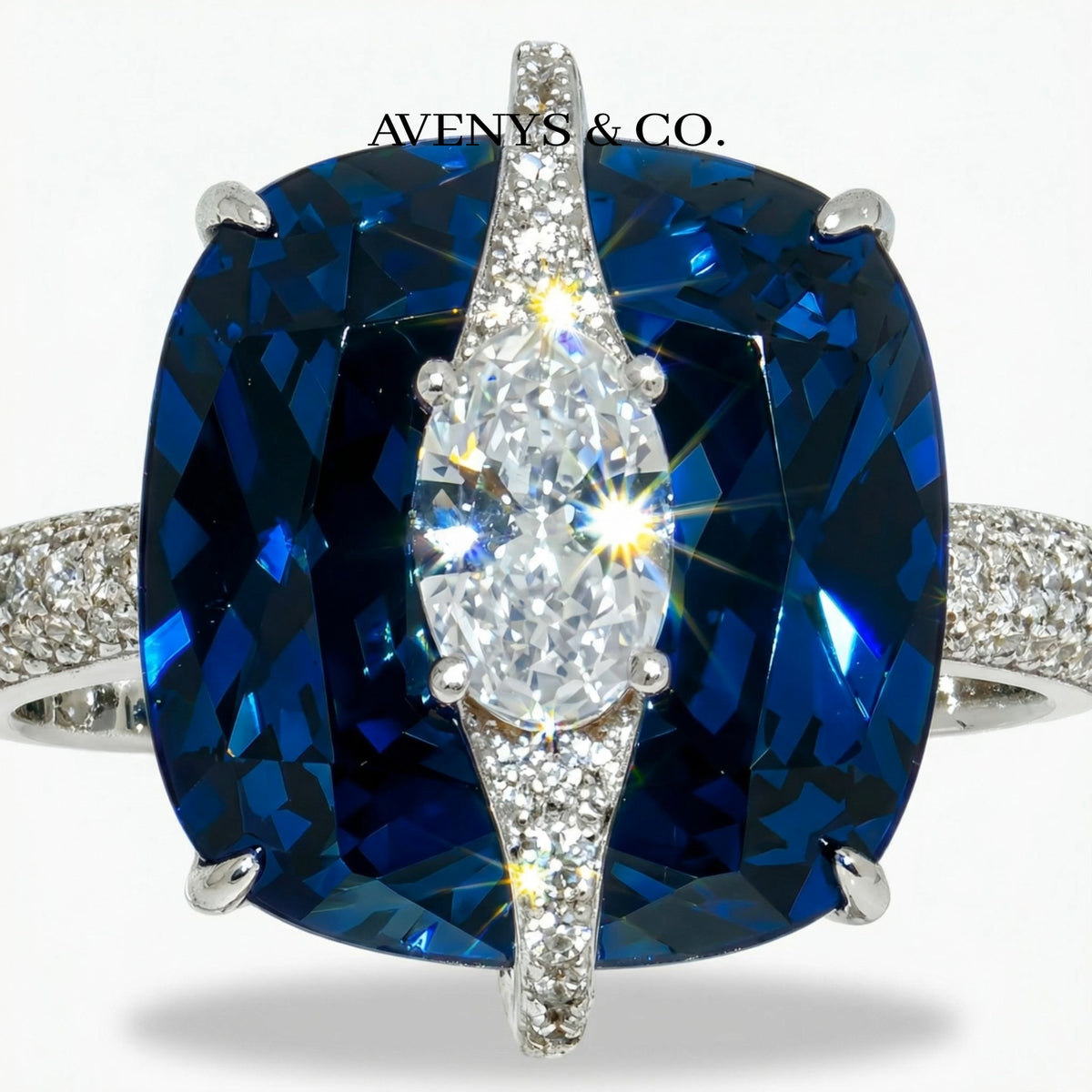 Embrace Pave Ring with Blue Cushion Stone – on White Gold