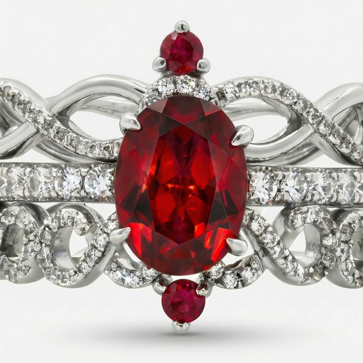 Triple Stacking Ring with Avenys Prestige Created Square Oval Pigeon Blood Ruby – on White Gold