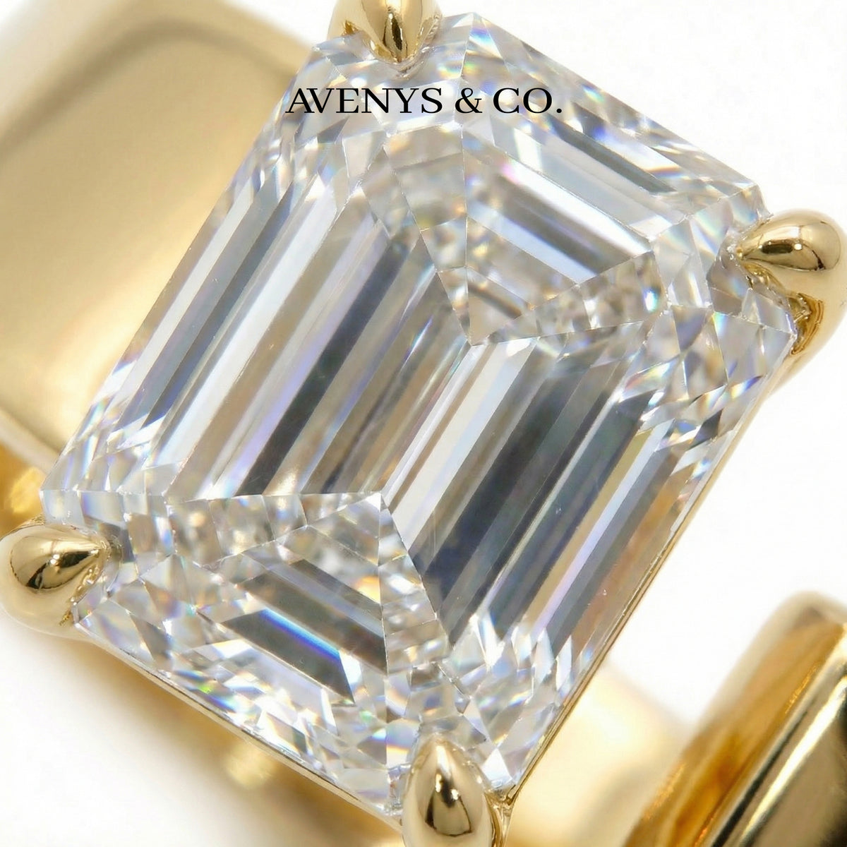 Tilt Cuff Solitaire Ring with White Emerald Stone – on Yellow Gold