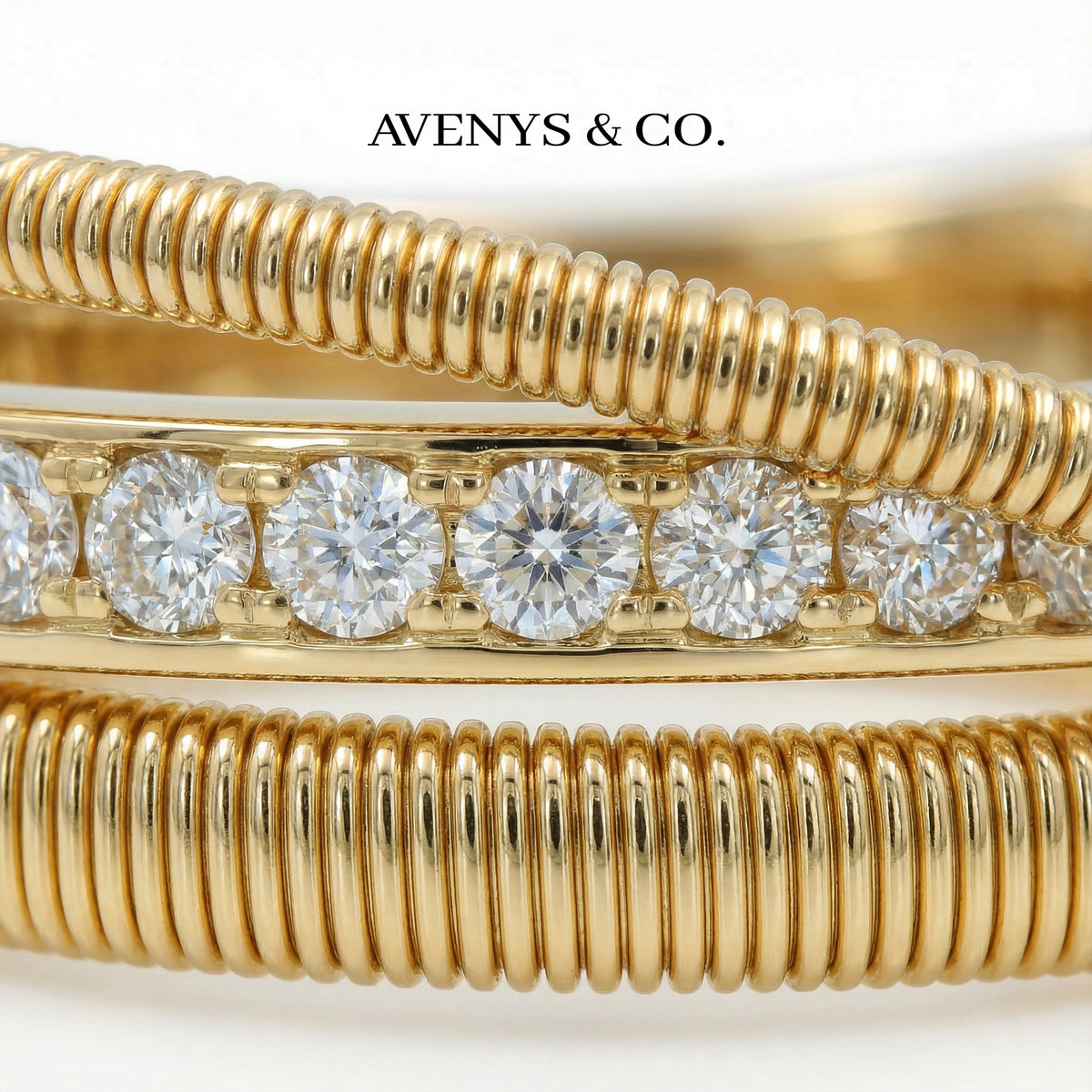 Crossline Pave Ring with White Round Stone – on Yellow Gold