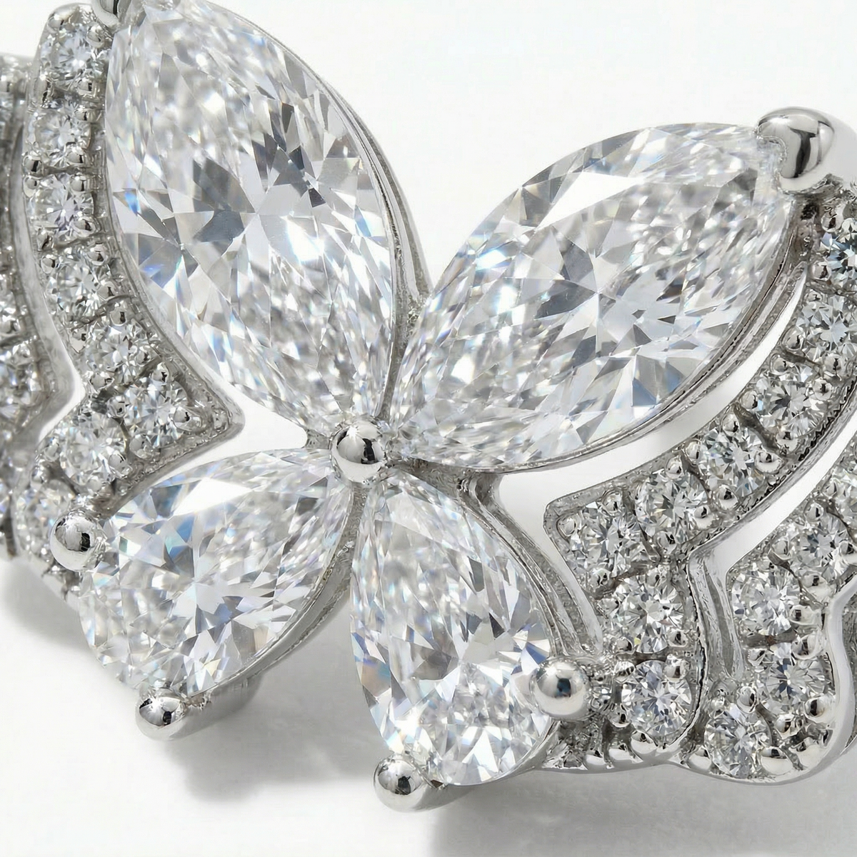 Butterfly Wide Earings with White Marquise Stone – on White Gold