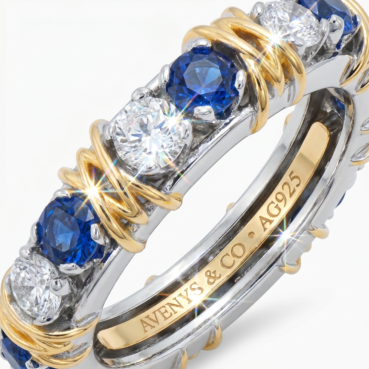 AV Signature Ring Womens with Blue Round Stone – on White Gold