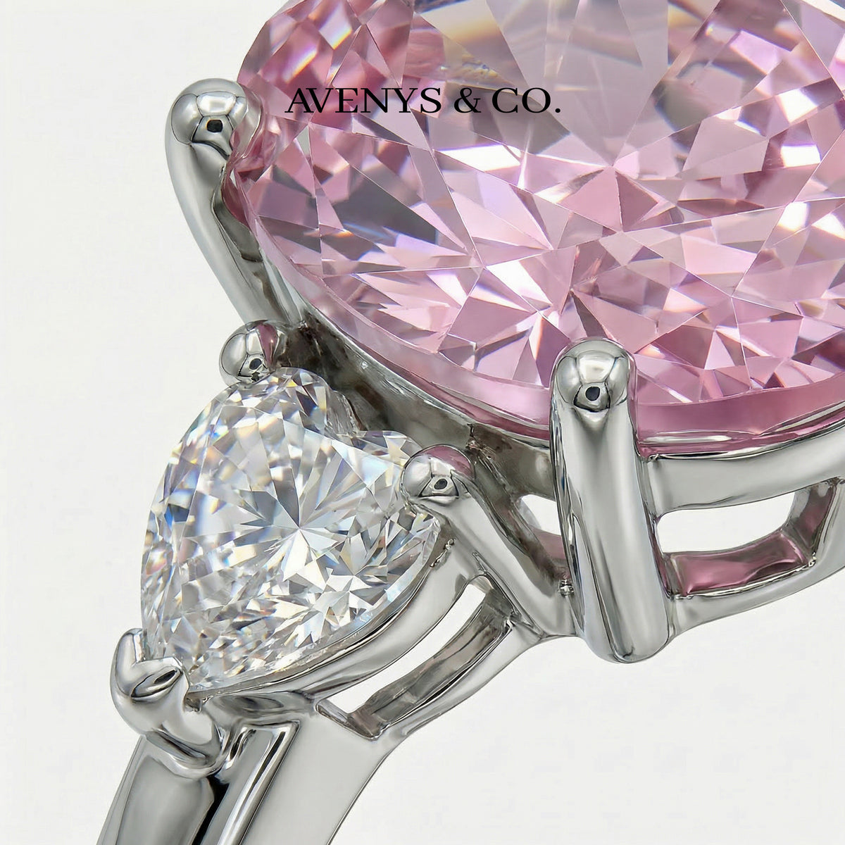 Oval Trilogy Pear Ring with Pink Oval Stone – on White Gold