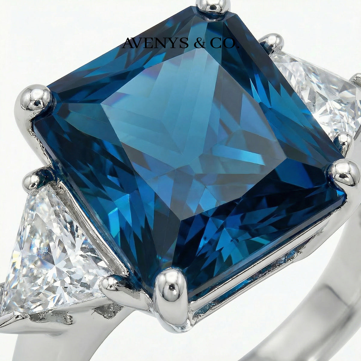 Square Radiant Ring with Blue Radiant Stone – on White Gold
