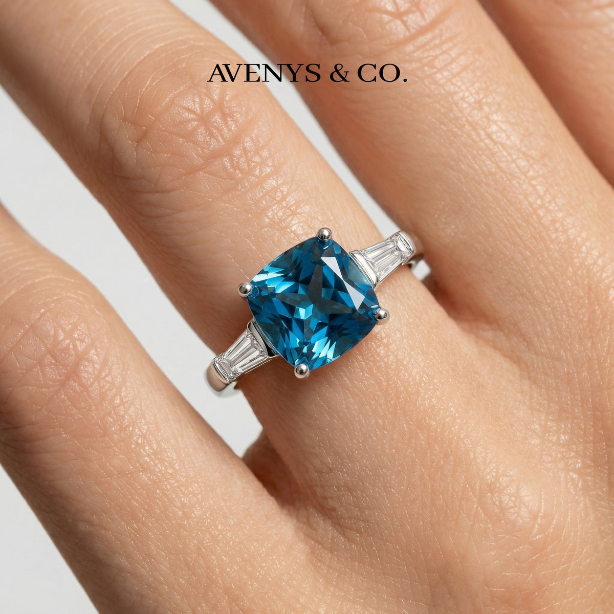 Princess Trilogy Ring with Blue Princess Stone – on White Gold