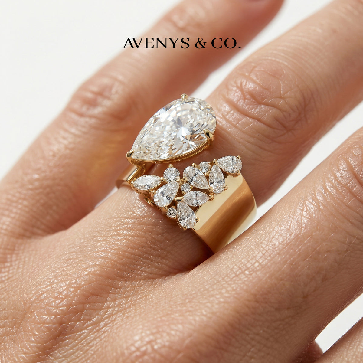 Valence Wide Cuff Ring with White Pear Stone – on Yellow Gold