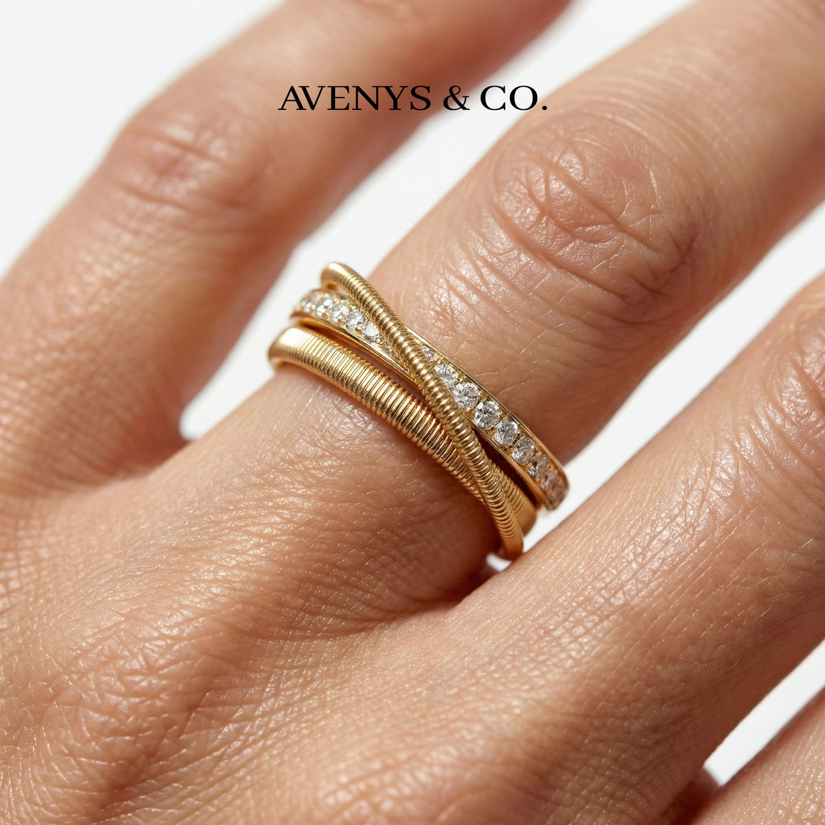 Crossline Pave Ring with White Round Stone – on Yellow Gold