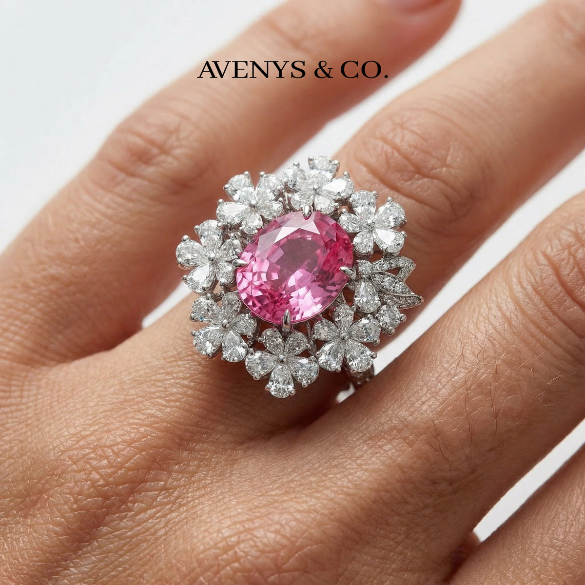Flower Halo Ring with Pink Oval Stone – on White Gold