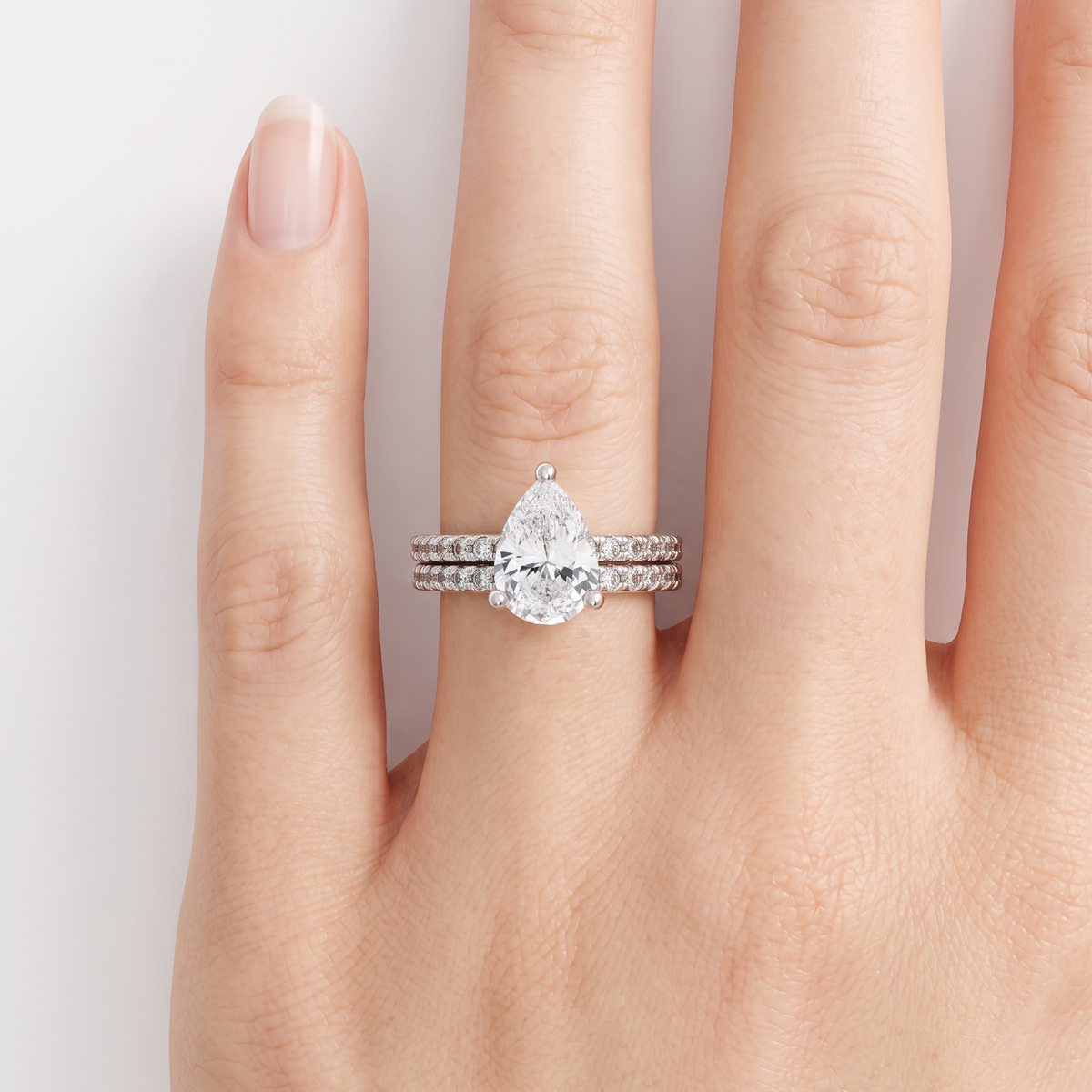 AV Dua™ Pear Ring Set with White Pear Stone – on White Gold