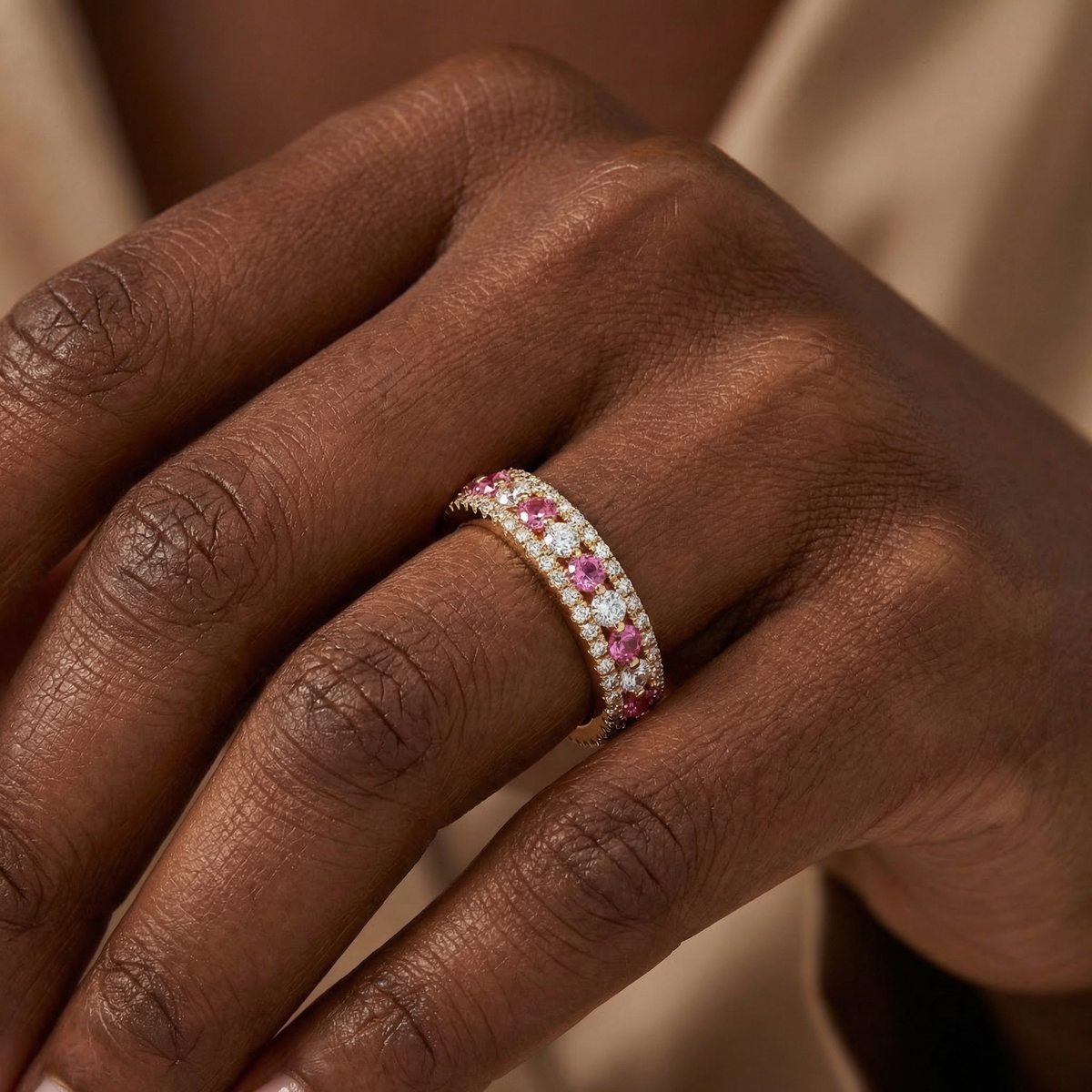 Rose Pave Band with Pink Round Stone – on Rose Gold