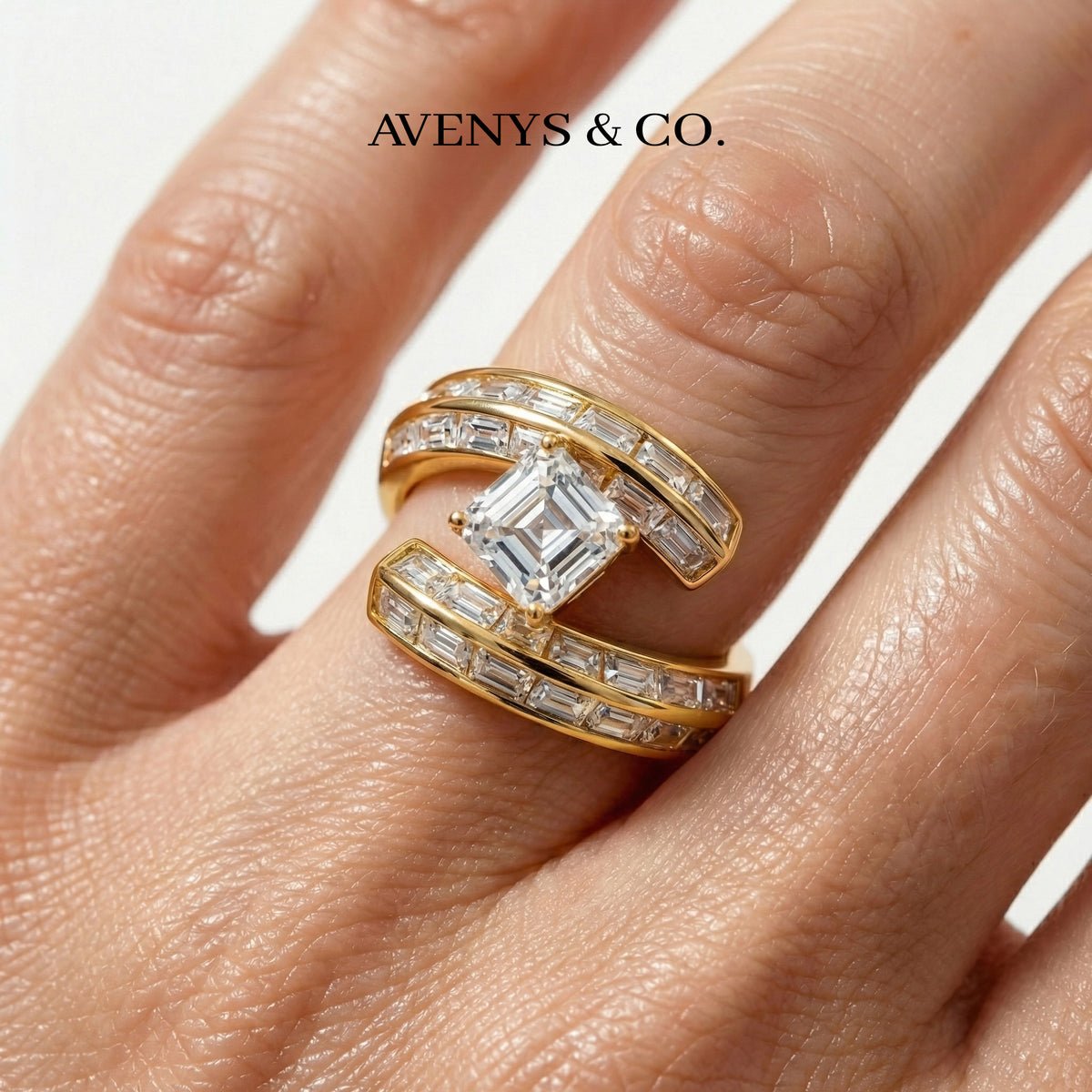Bypass Baguette Ring with White Asscher Stone – on Yellow Gold