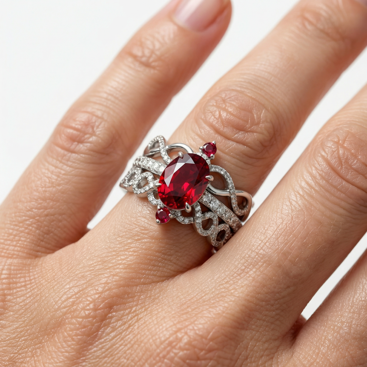 Triple Stacking Ring with Avenys Prestige Created Square Oval Pigeon Blood Ruby – on White Gold
