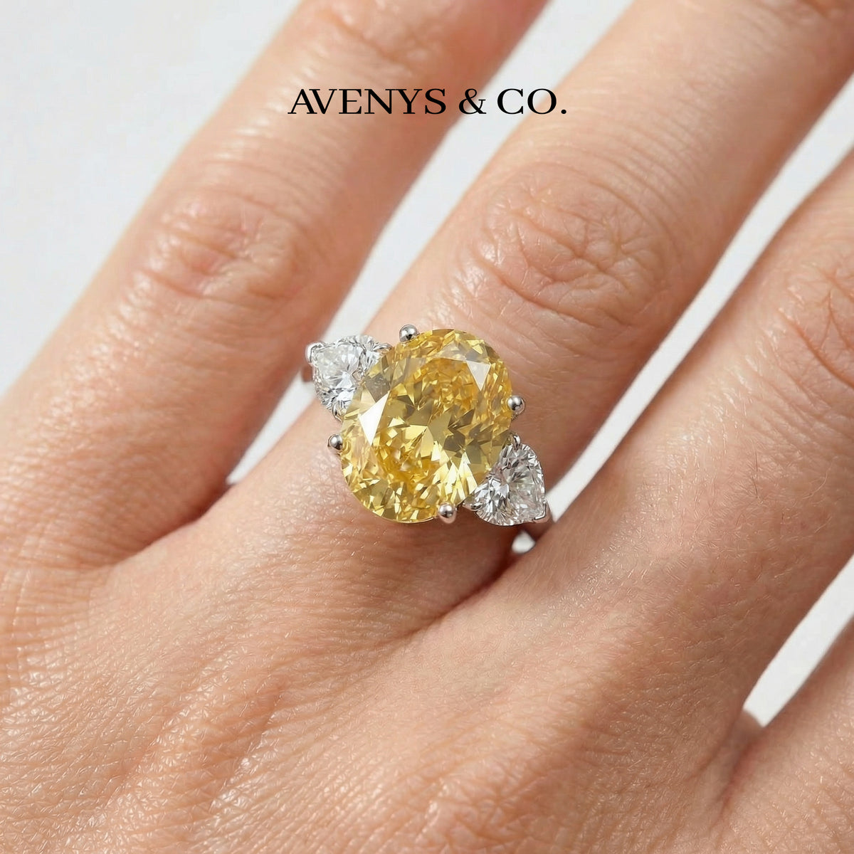 Oval Trilogy Pear Ring with Yellow Oval Stone – on White Gold