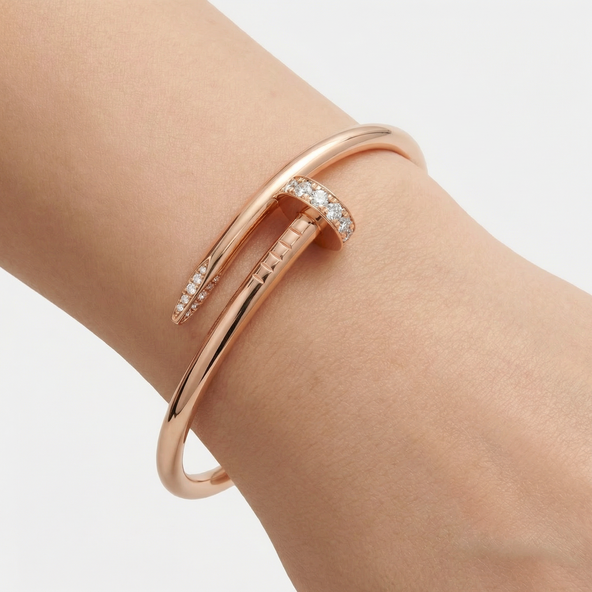 Bolt Pave Bangle with White Round Stone – on Rose Gold