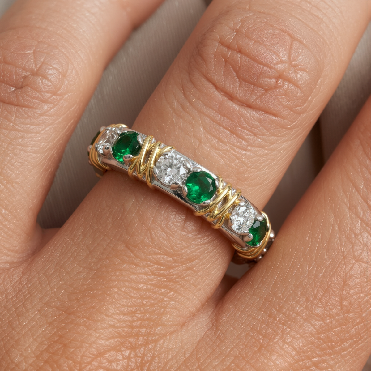 AV Signature Ring Womens with Green Round Stone – on White Gold
